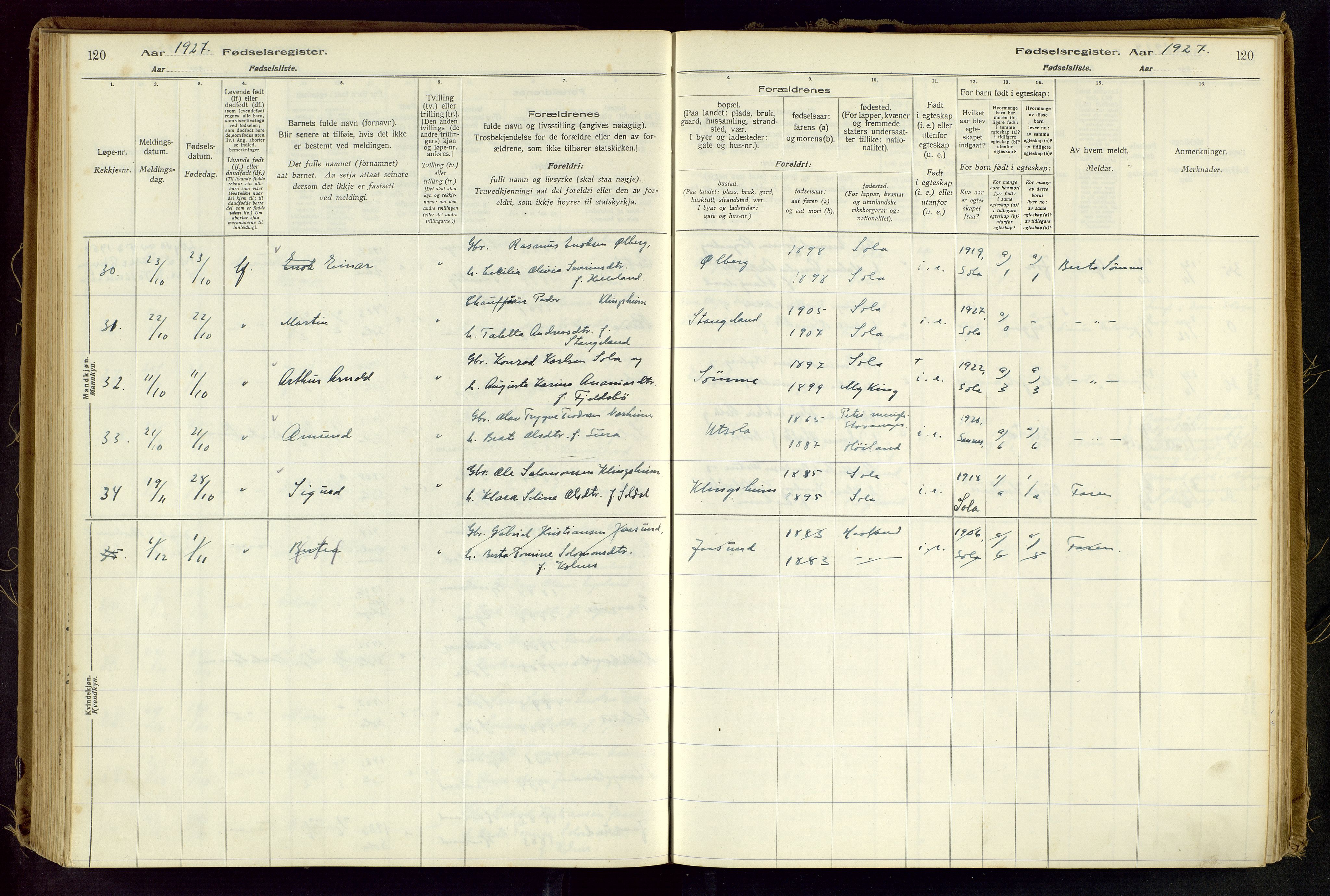 Håland sokneprestkontor, AV/SAST-A-101802/001/704BA/L0001: Birth register no. 1, 1916-1936, p. 120