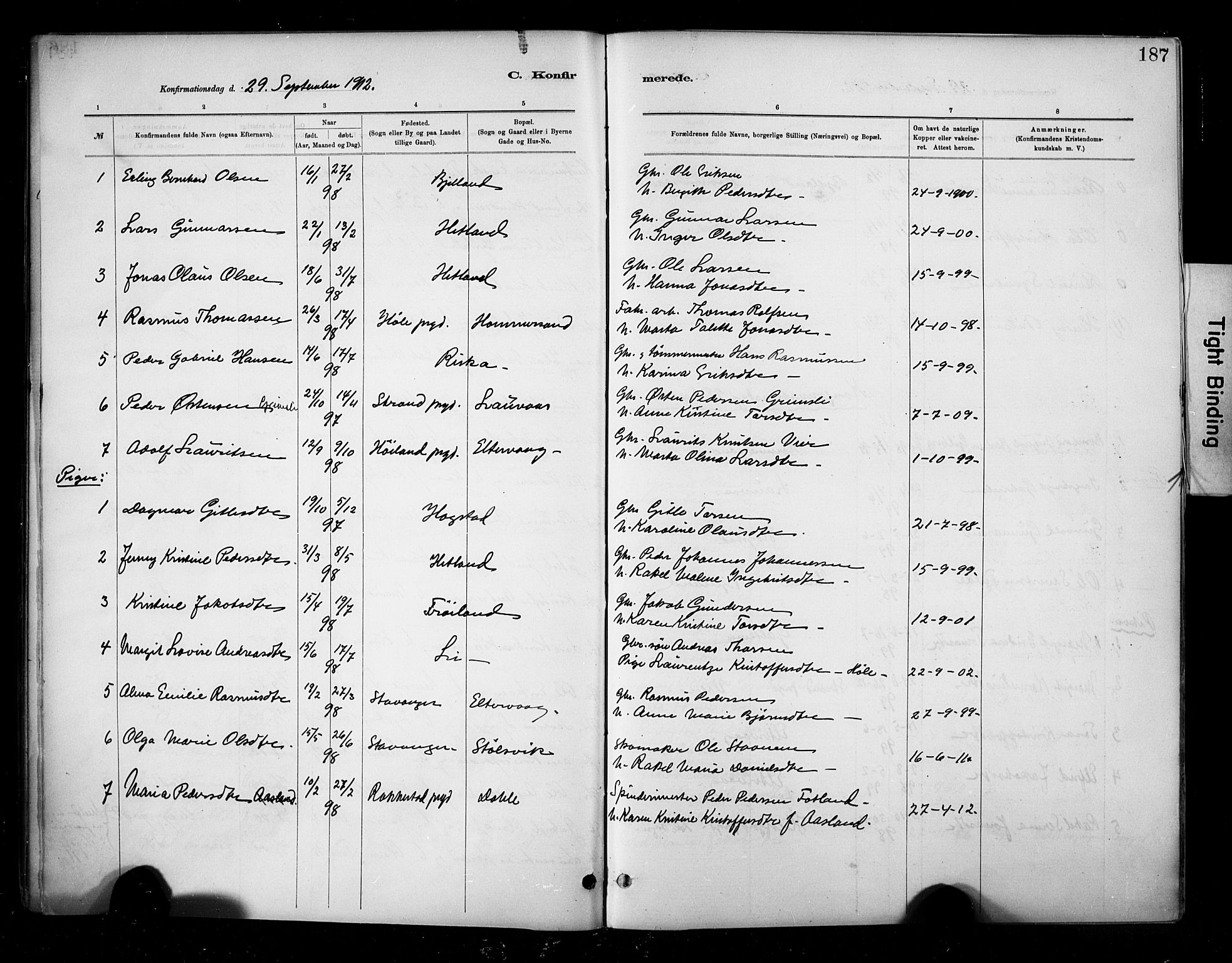 Hetland sokneprestkontor, SAST/A-101826/30/30BA/L0010: Parish register (official) no. A 10, 1882-1925, p. 187