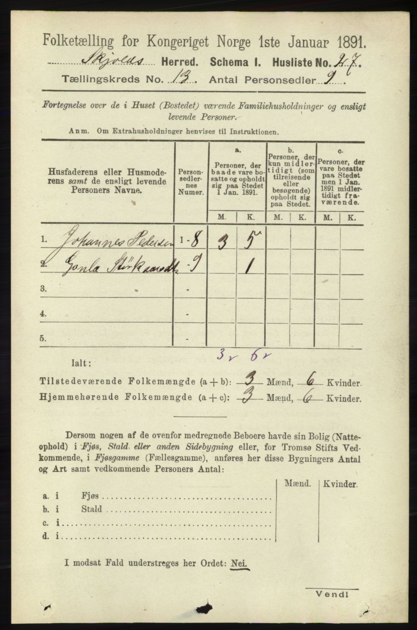 RA, 1891 census for 1154 Skjold, 1891, p. 2397