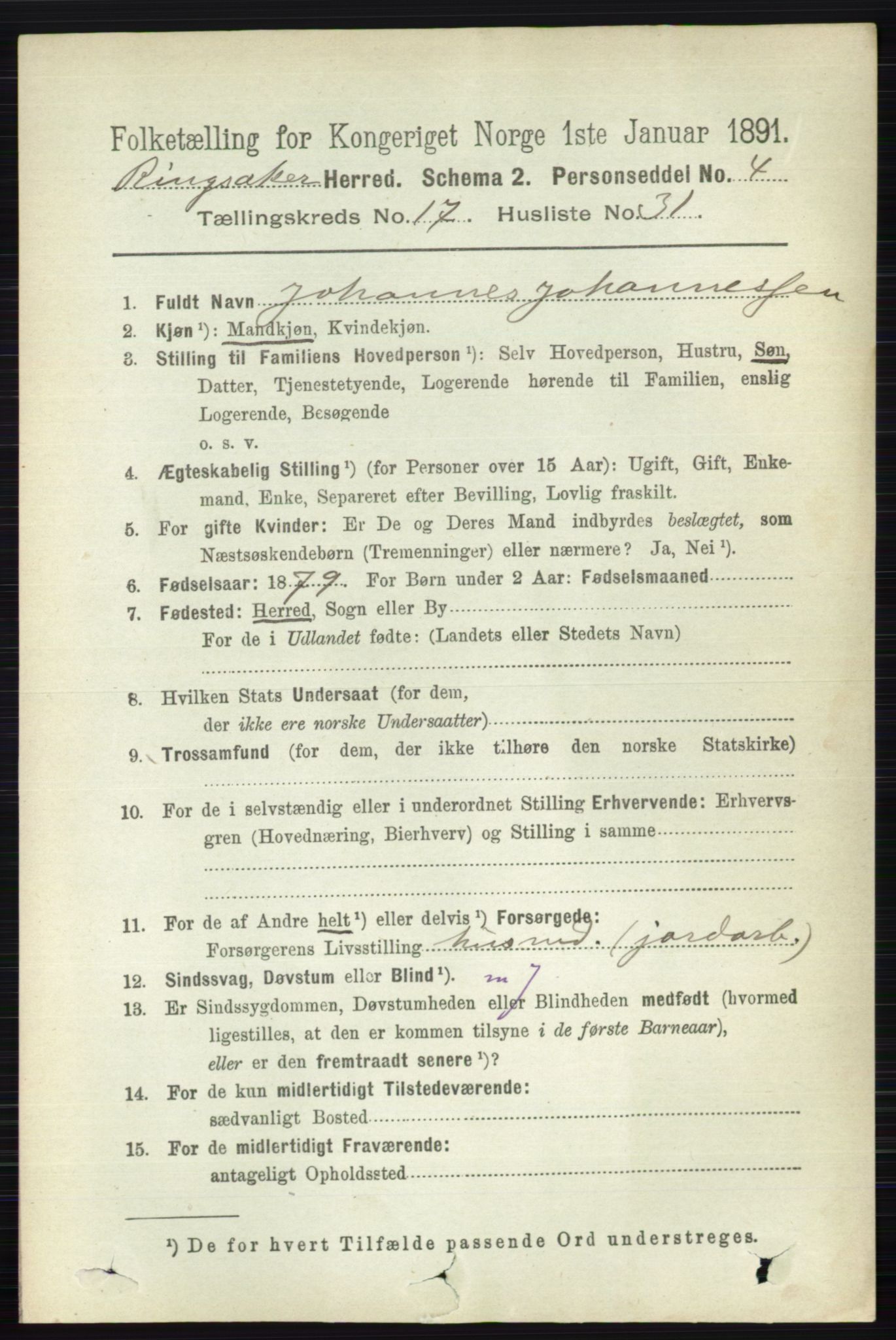 RA, 1891 census for 0412 Ringsaker, 1891, p. 9976