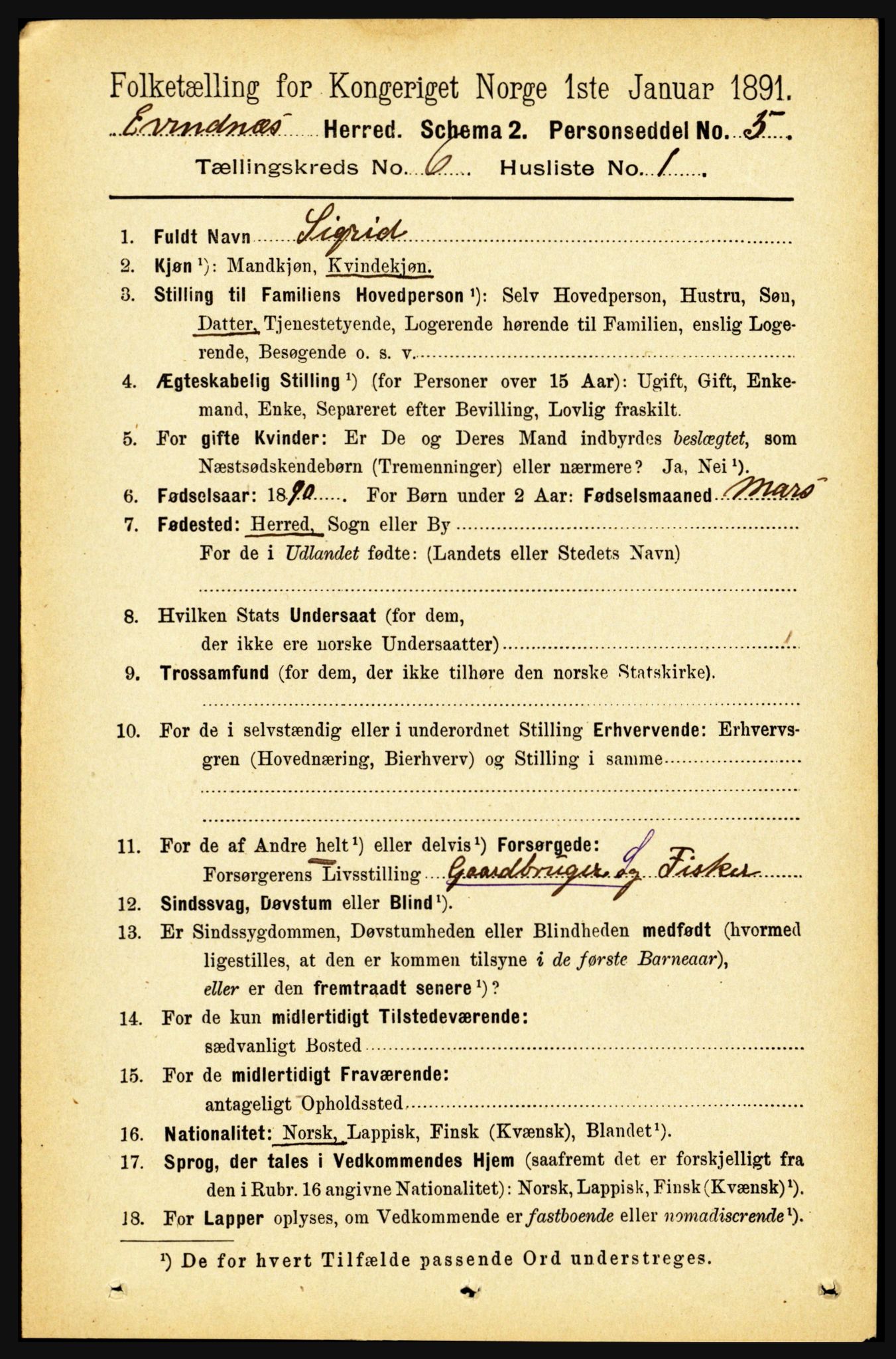 RA, 1891 census for 1853 Evenes, 1891, p. 1925