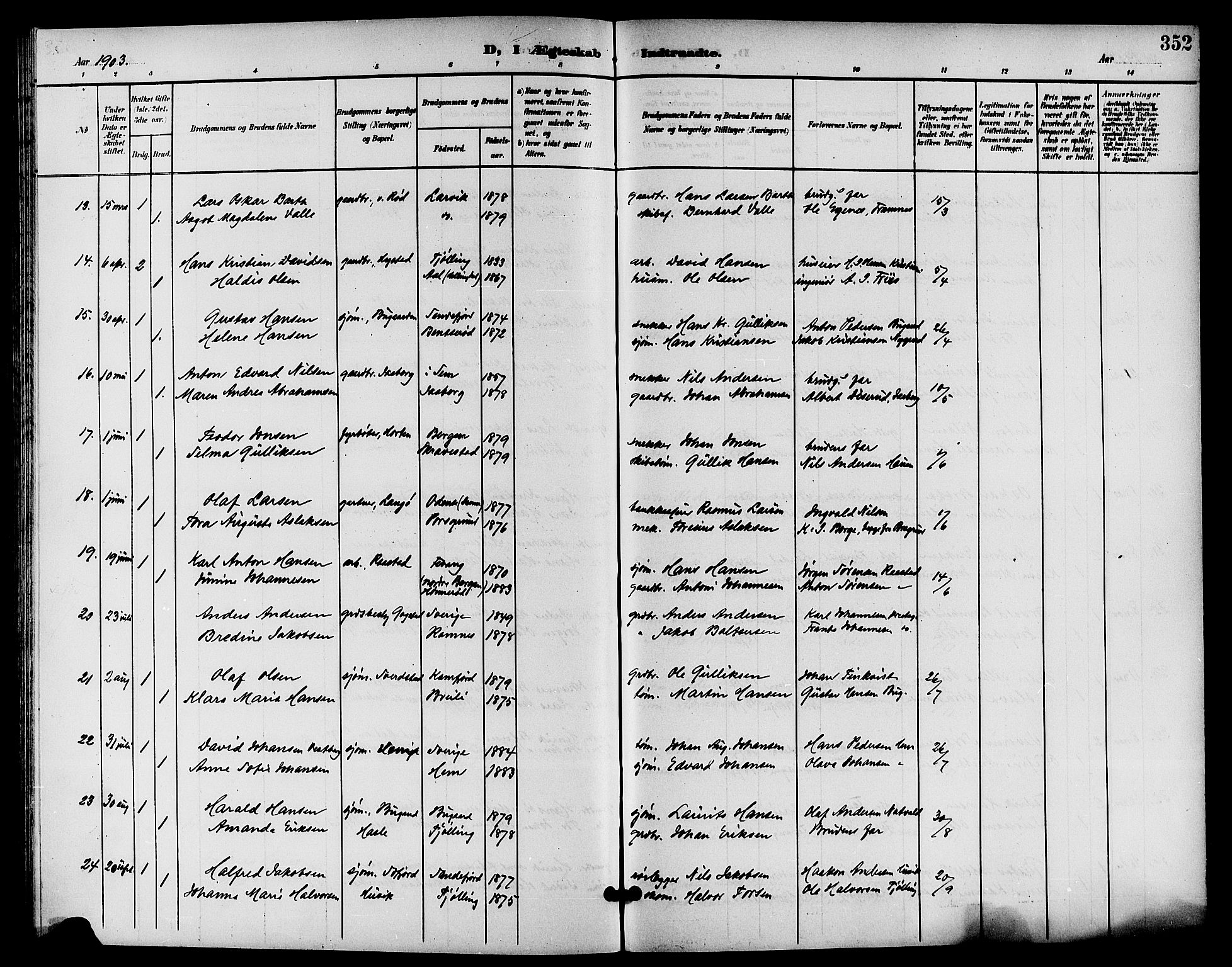 Sandar kirkebøker, AV/SAKO-A-243/G/Ga/L0002: Parish register (copy) no. 2, 1900-1915, p. 352