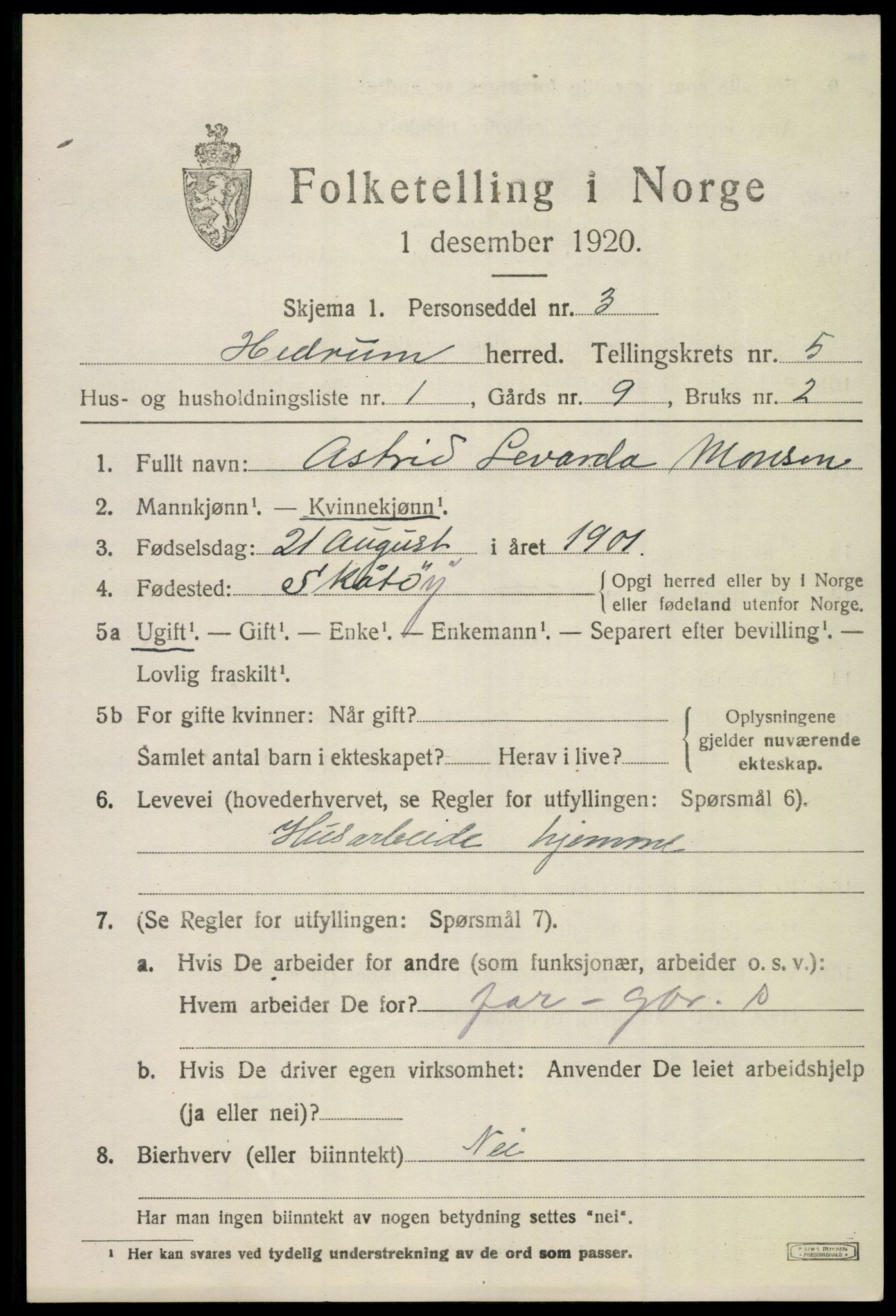 SAKO, 1920 census for Hedrum, 1920, p. 4773