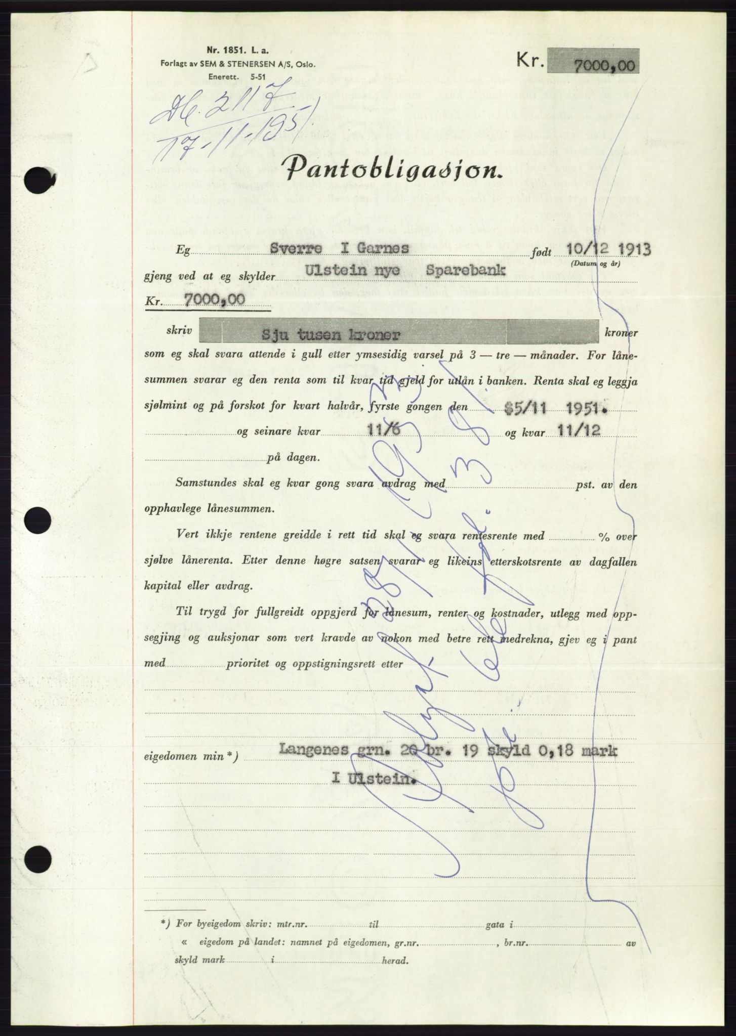 Søre Sunnmøre sorenskriveri, AV/SAT-A-4122/1/2/2C/L0120: Mortgage book no. 8B, 1951-1951, Diary no: : 2117/1951