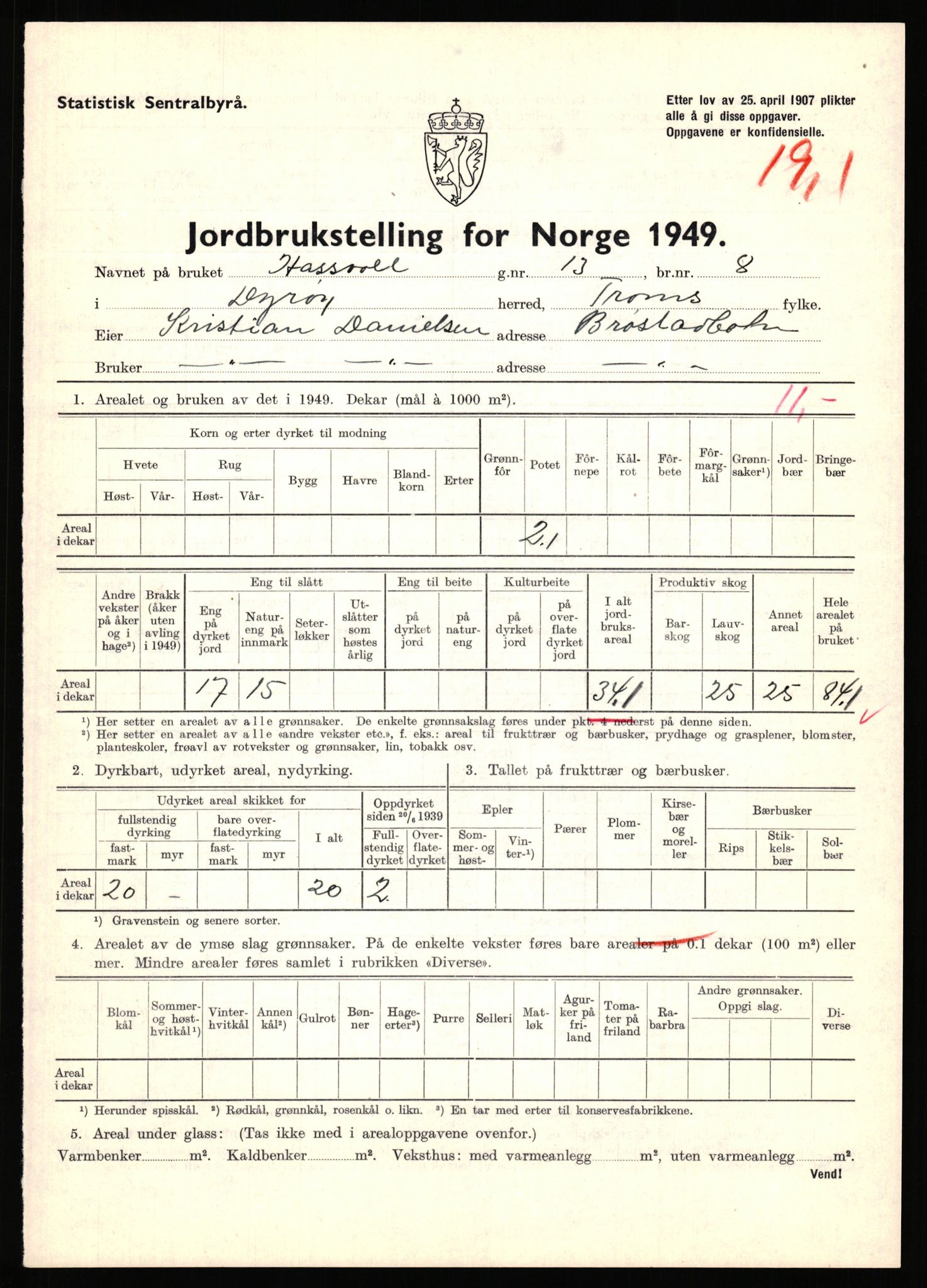 Statistisk sentralbyrå, Næringsøkonomiske emner, Jordbruk, skogbruk, jakt, fiske og fangst, AV/RA-S-2234/G/Gc/L0440: Troms: Sørreisa og Dyrøy, 1949, p. 1272