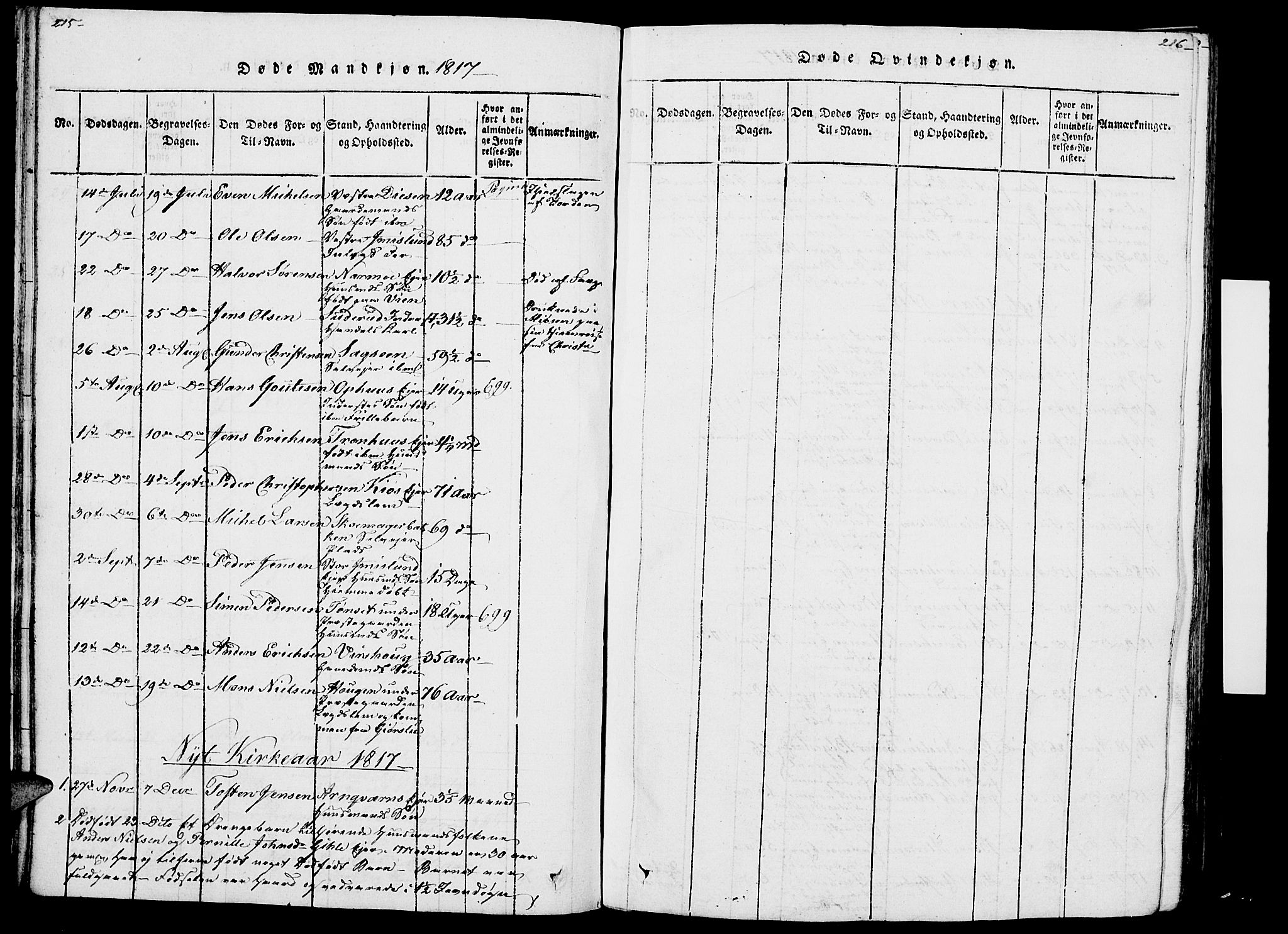 Vang prestekontor, Hedmark, SAH/PREST-008/H/Ha/Haa/L0007: Parish register (official) no. 7, 1813-1826, p. 215-216