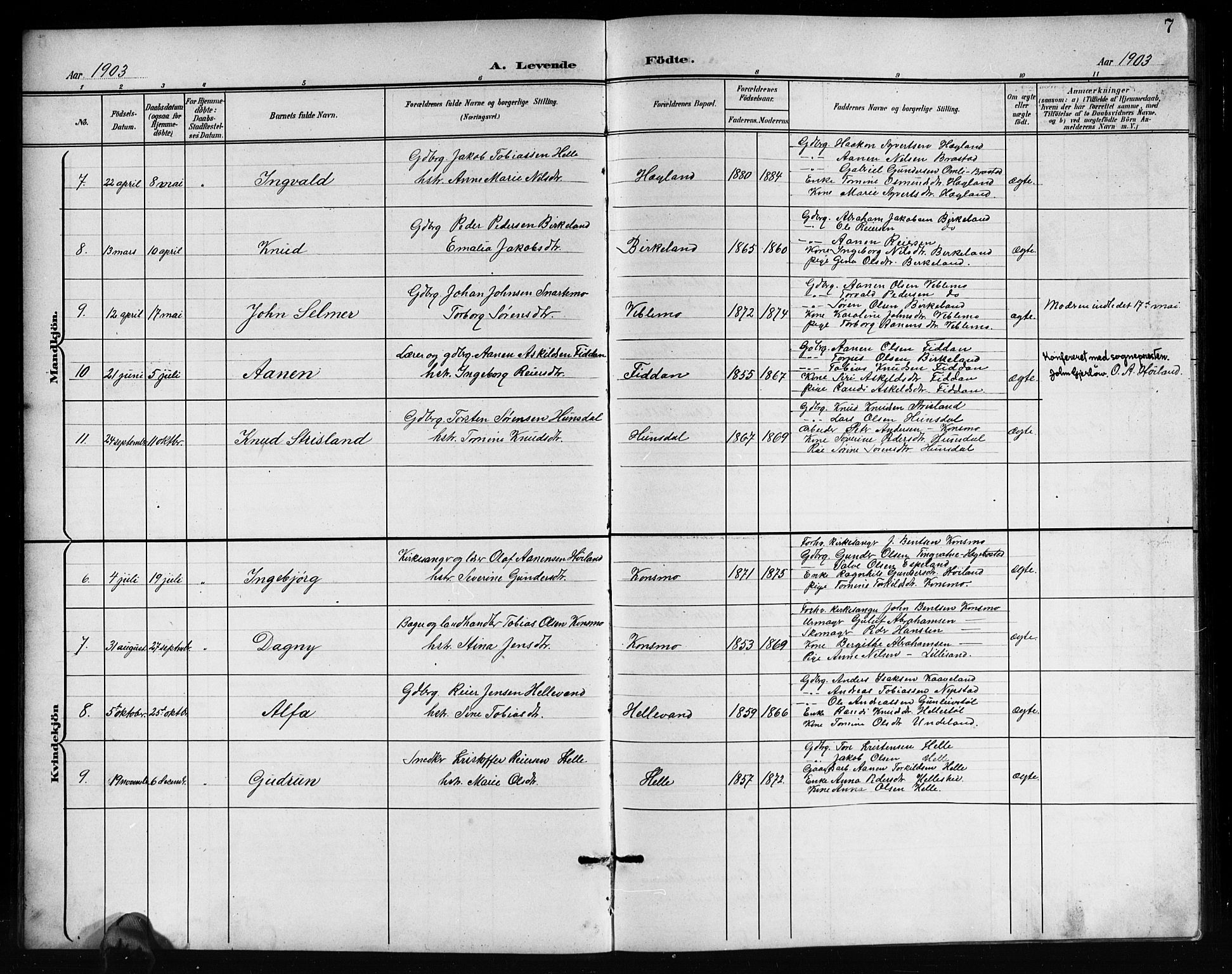 Nord-Audnedal sokneprestkontor, AV/SAK-1111-0032/F/Fb/Fba/L0004: Parish register (copy) no. B 4, 1901-1917, p. 7