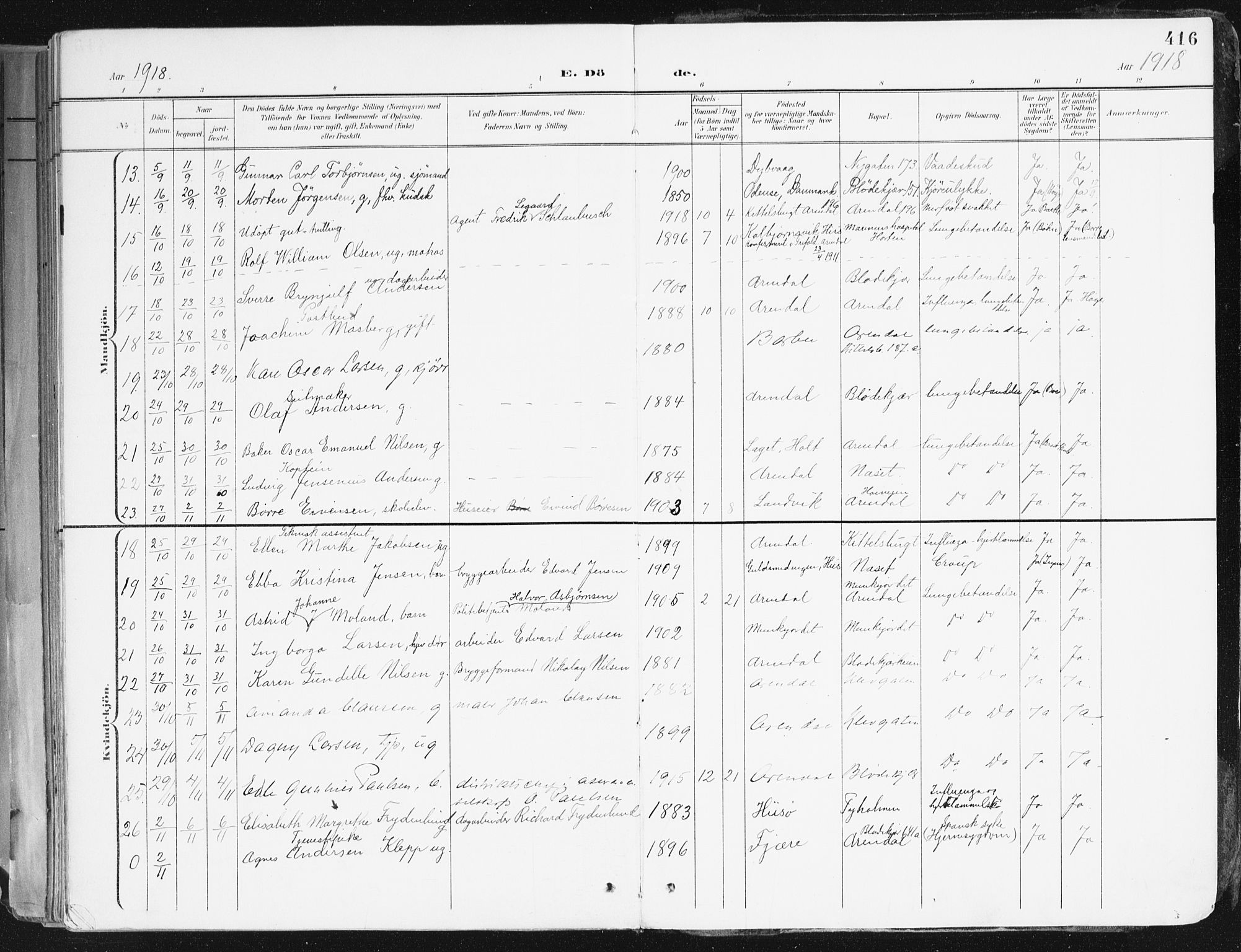 Arendal sokneprestkontor, Trefoldighet, SAK/1111-0040/F/Fa/L0010: Parish register (official) no. A 10, 1900-1919, p. 416