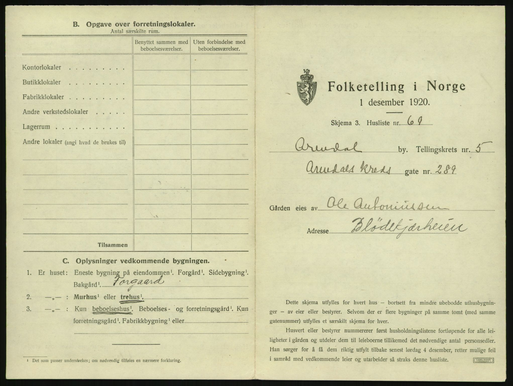 SAK, 1920 census for Arendal, 1920, p. 710