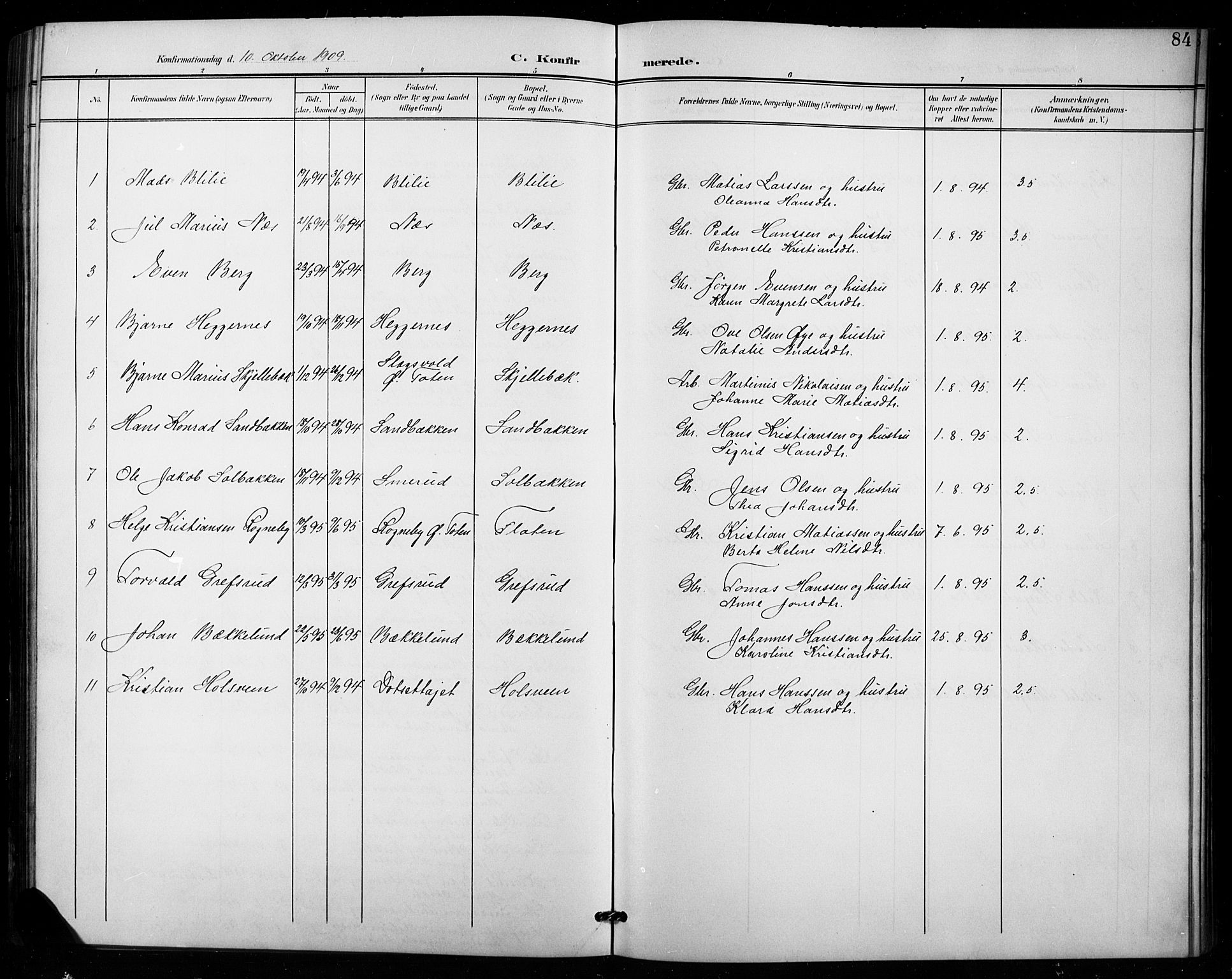 Vestre Toten prestekontor, SAH/PREST-108/H/Ha/Hab/L0016: Parish register (copy) no. 16, 1901-1915, p. 84