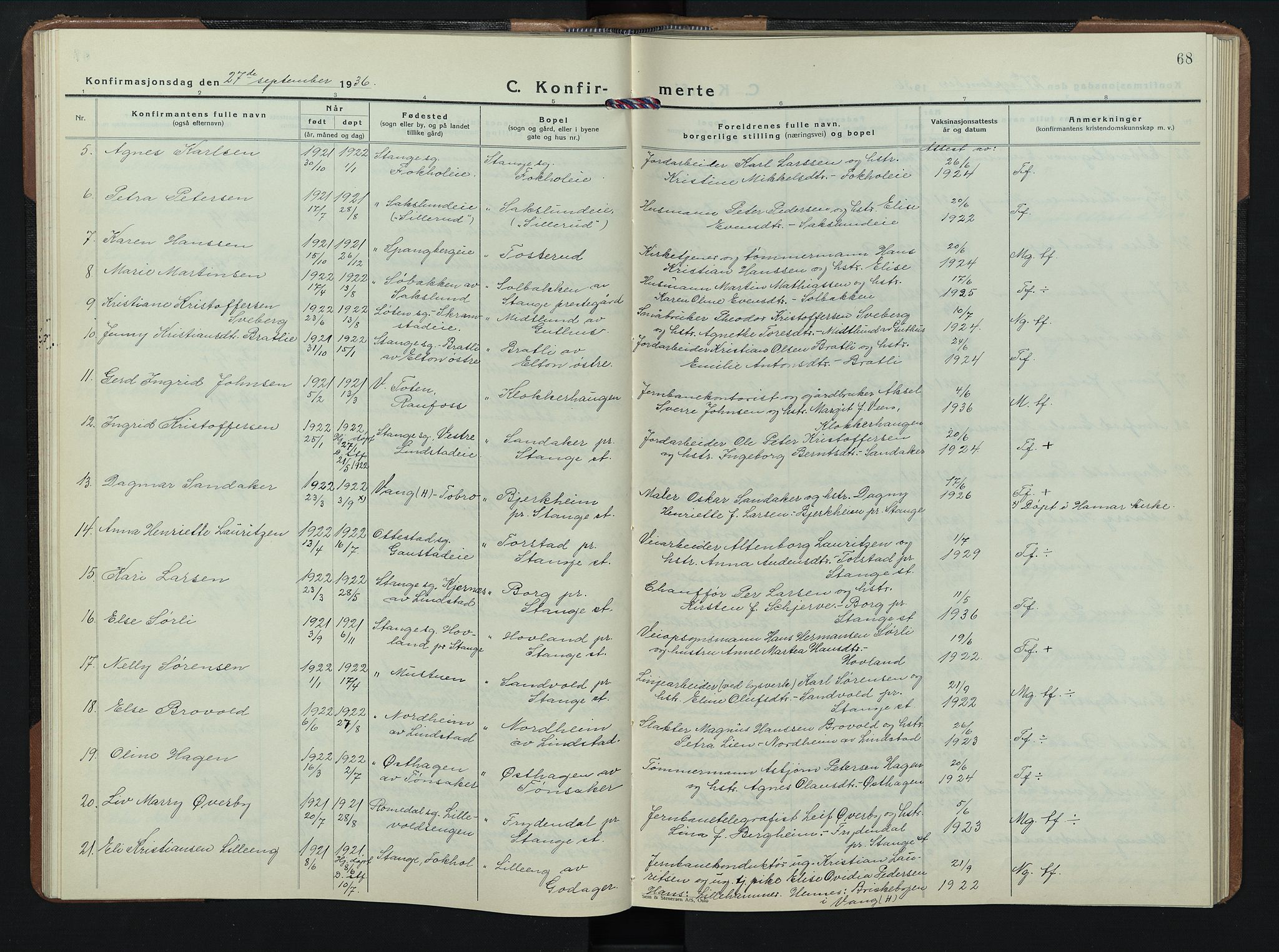 Stange prestekontor, AV/SAH-PREST-002/L/L0020: Parish register (copy) no. 20, 1936-1947, p. 68