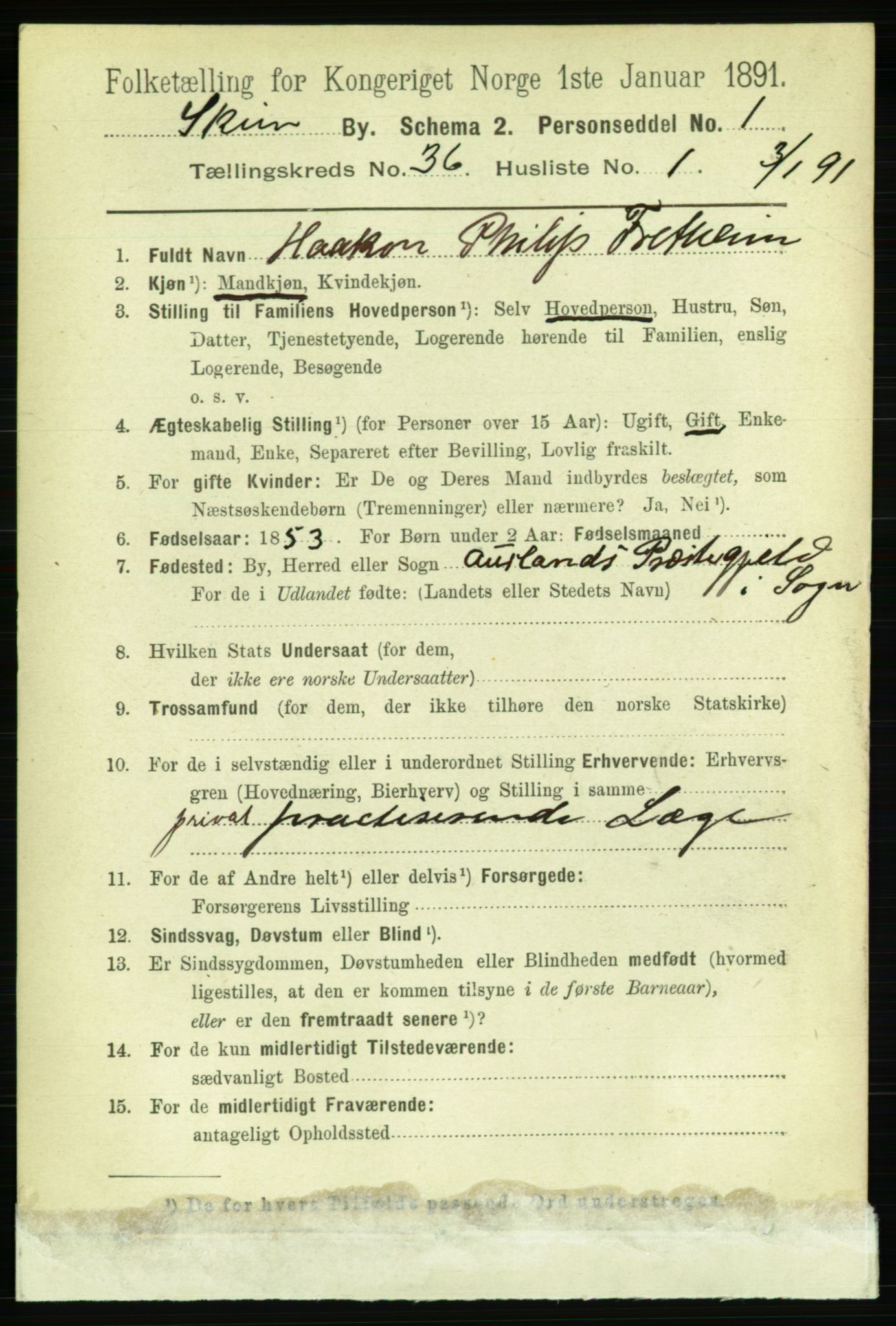 RA, 1891 census for 0806 Skien, 1891, p. 7945