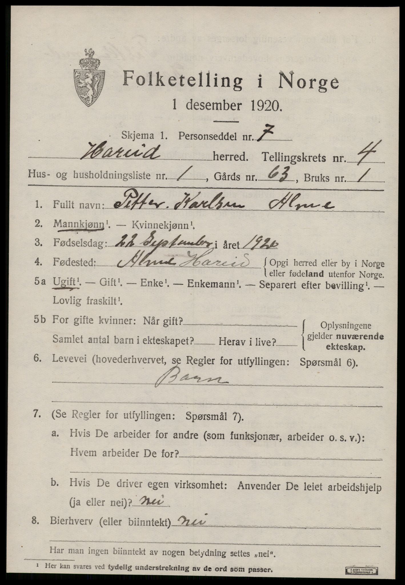 SAT, 1920 census for Hareid, 1920, p. 1699