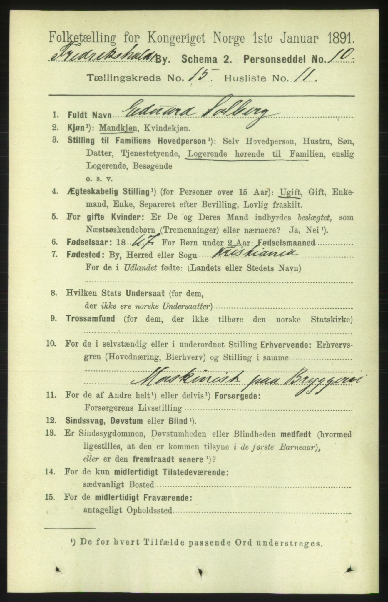 RA, 1891 census for 0101 Fredrikshald, 1891, p. 9558