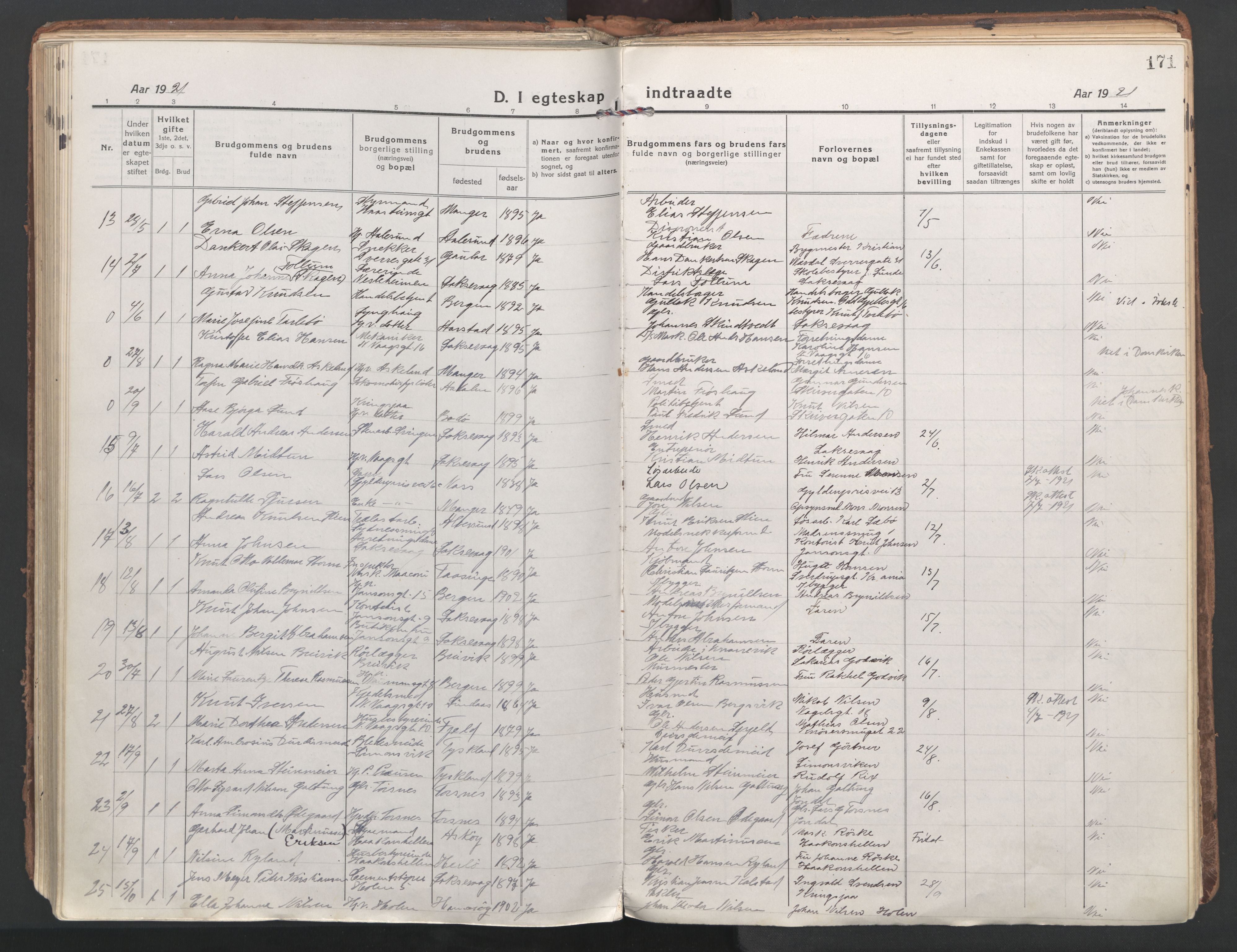 Laksevåg Sokneprestembete, AV/SAB-A-76501/H/Ha/Haa/Haaa/L0002: Parish register (official) no. A 2, 1917-1927, p. 171