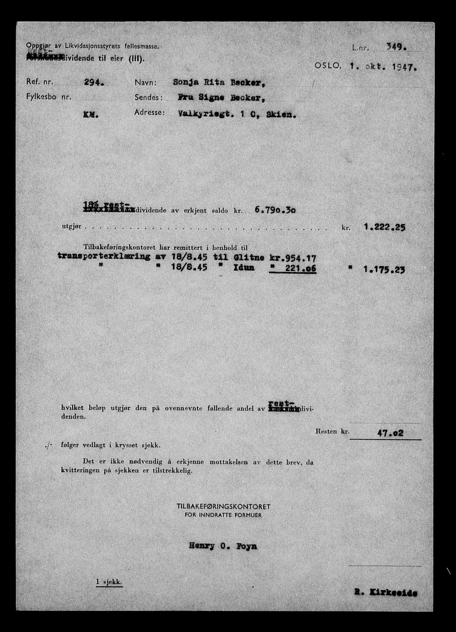 Justisdepartementet, Tilbakeføringskontoret for inndratte formuer, AV/RA-S-1564/H/Hc/Hcd/L0991: --, 1945-1947, p. 33