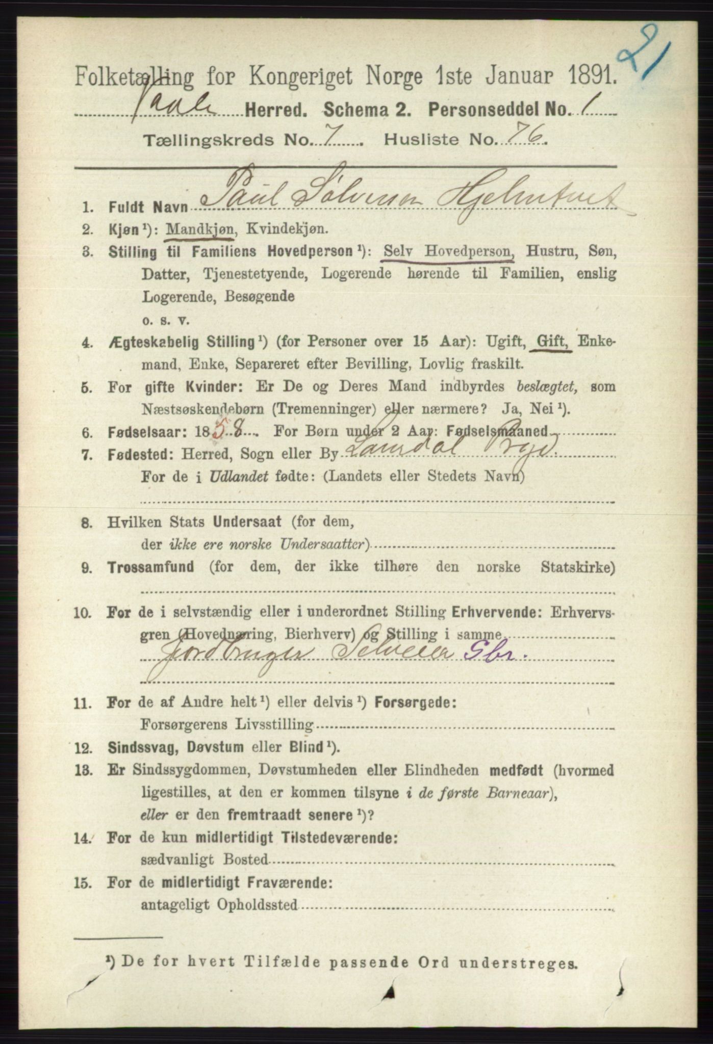 RA, 1891 census for 0716 Våle, 1891, p. 2756