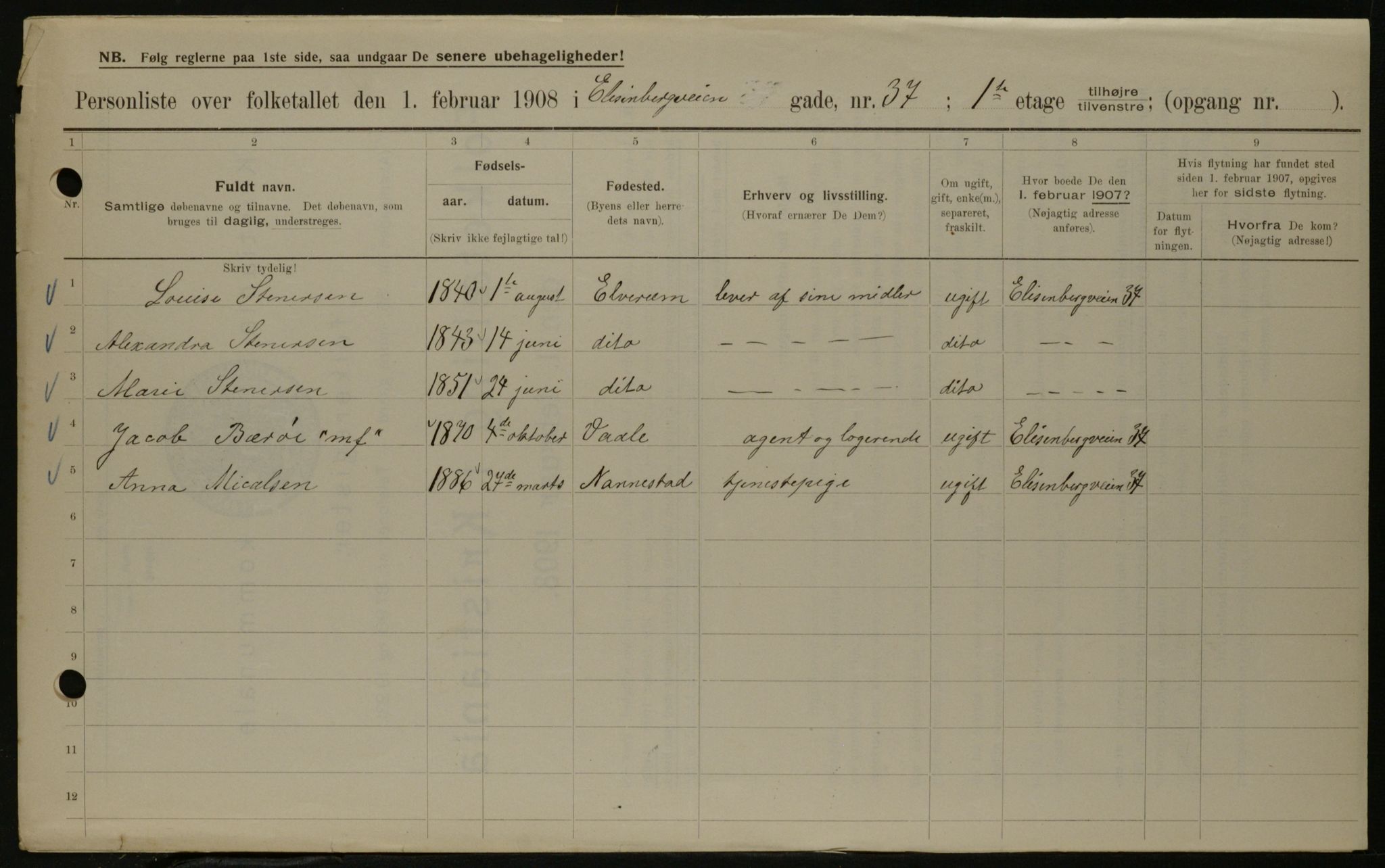 OBA, Municipal Census 1908 for Kristiania, 1908, p. 19010