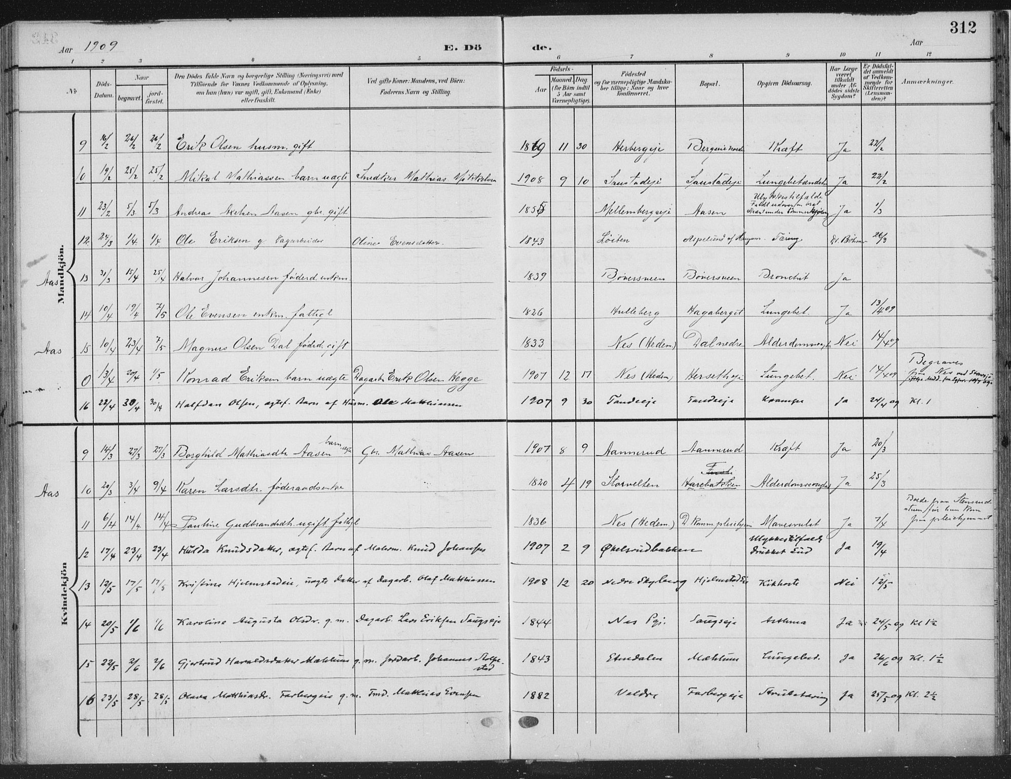 Ringsaker prestekontor, AV/SAH-PREST-014/K/Ka/L0018: Parish register (official) no. 18, 1903-1912, p. 312