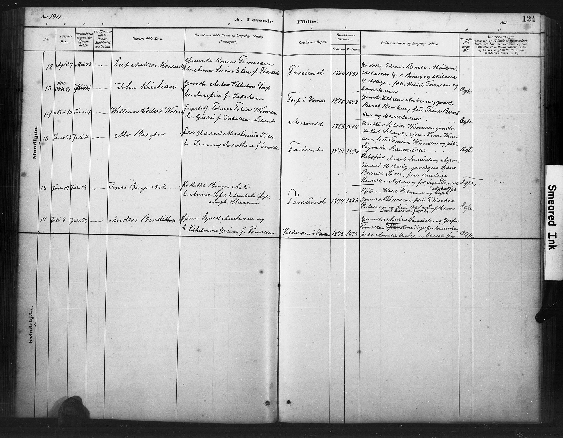 Farsund sokneprestkontor, SAK/1111-0009/F/Fb/L0001: Parish register (copy) no. B 1, 1886-1931, p. 124