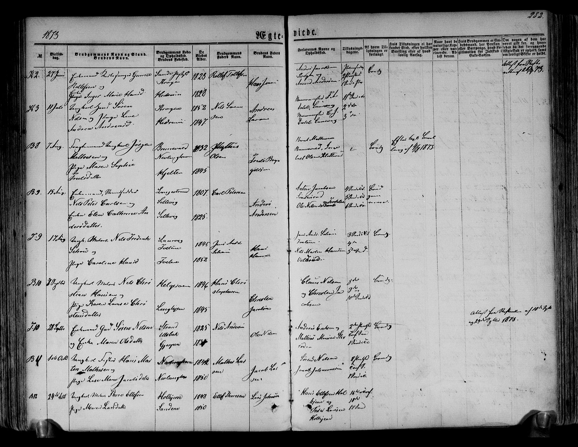 Brunlanes kirkebøker, AV/SAKO-A-342/F/Fa/L0005: Parish register (official) no. I 5, 1862-1877, p. 282