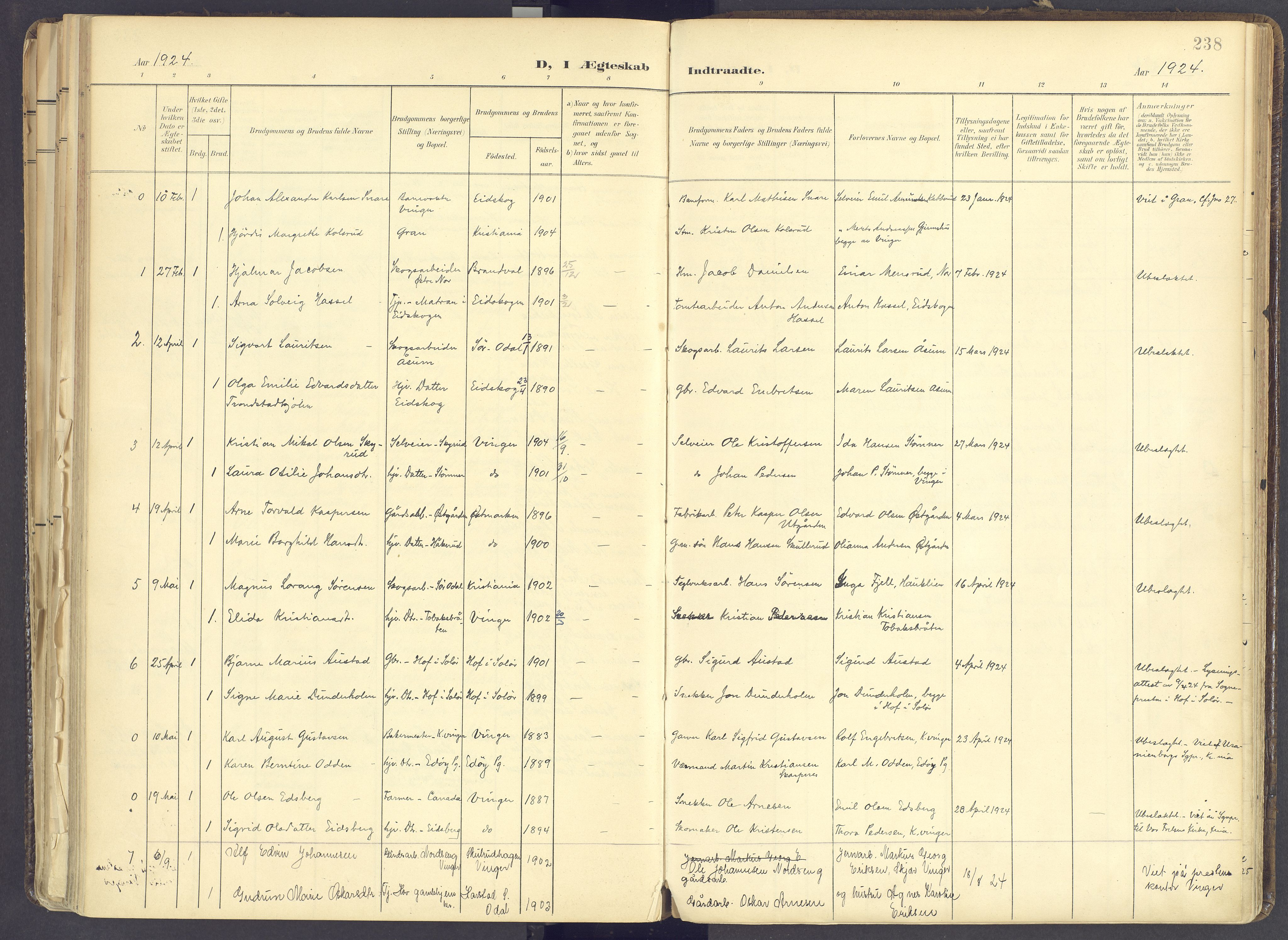 Vinger prestekontor, AV/SAH-PREST-024/H/Ha/Haa/L0017: Parish register (official) no. 17, 1901-1927, p. 238