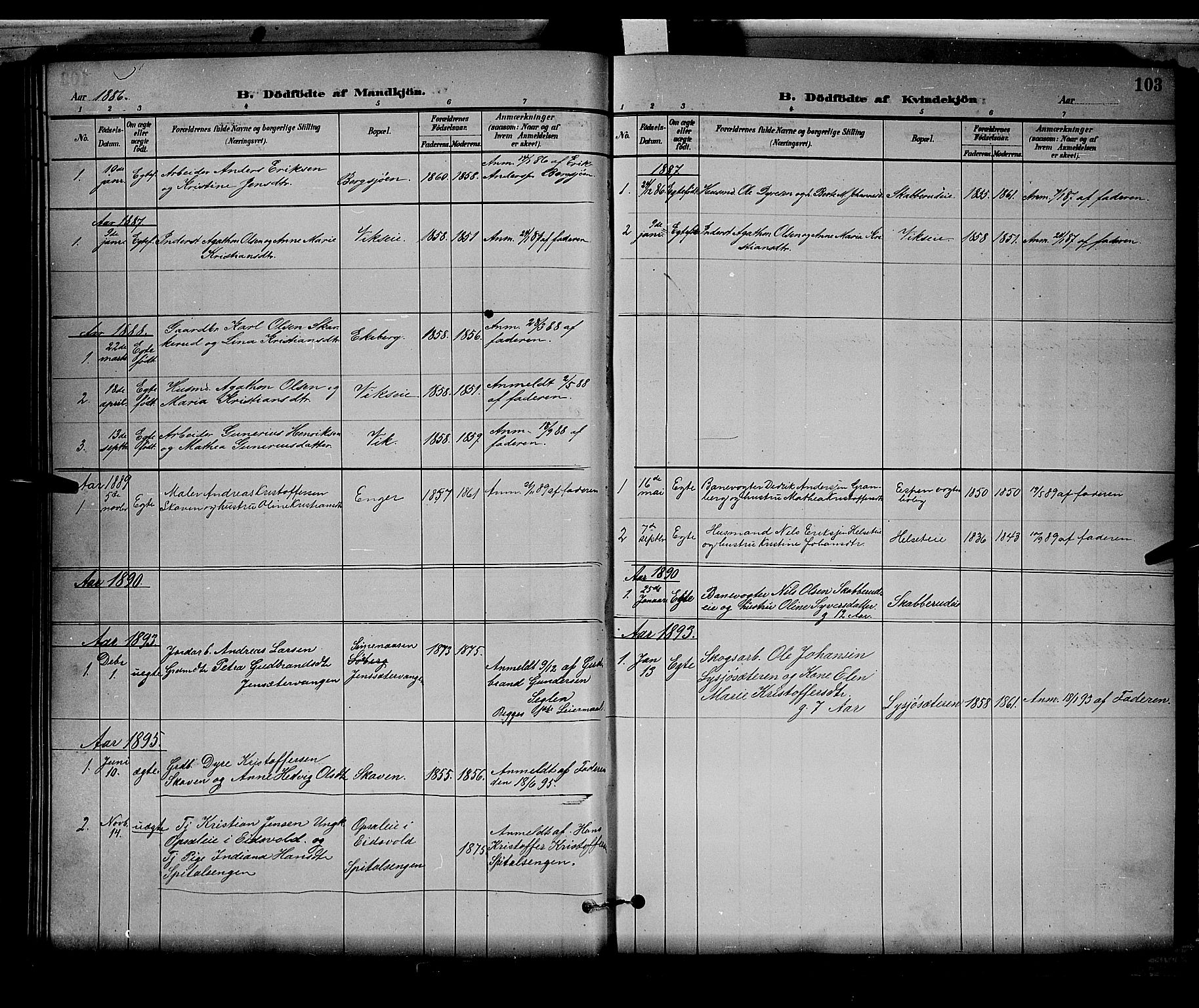 Stange prestekontor, SAH/PREST-002/L/L0008: Parish register (copy) no. 8, 1882-1895, p. 103