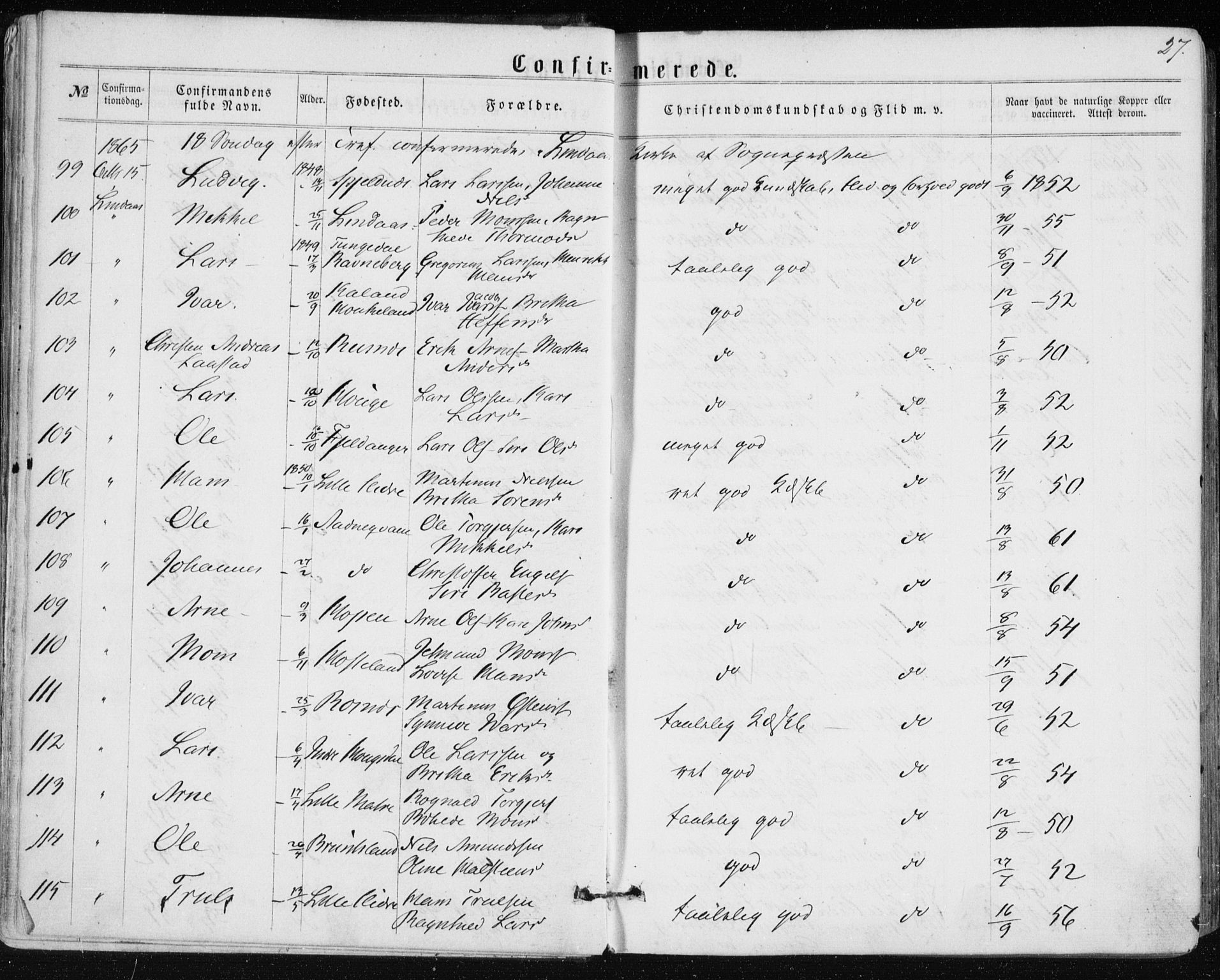 Lindås Sokneprestembete, AV/SAB-A-76701/H/Haa/Haaa/L0016: Parish register (official) no. A 16, 1863-1875, p. 27