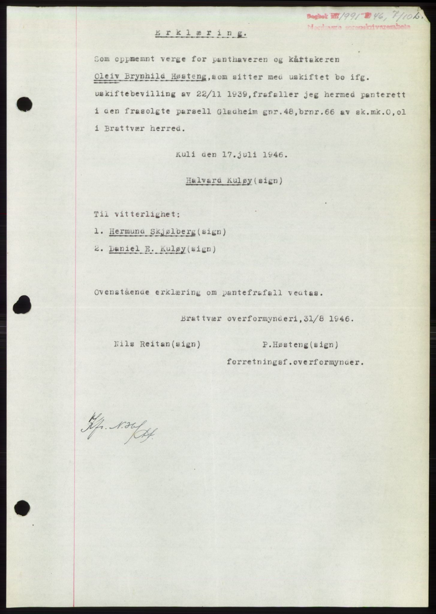 Nordmøre sorenskriveri, AV/SAT-A-4132/1/2/2Ca: Mortgage book no. B95, 1946-1947, Diary no: : 1991/1946