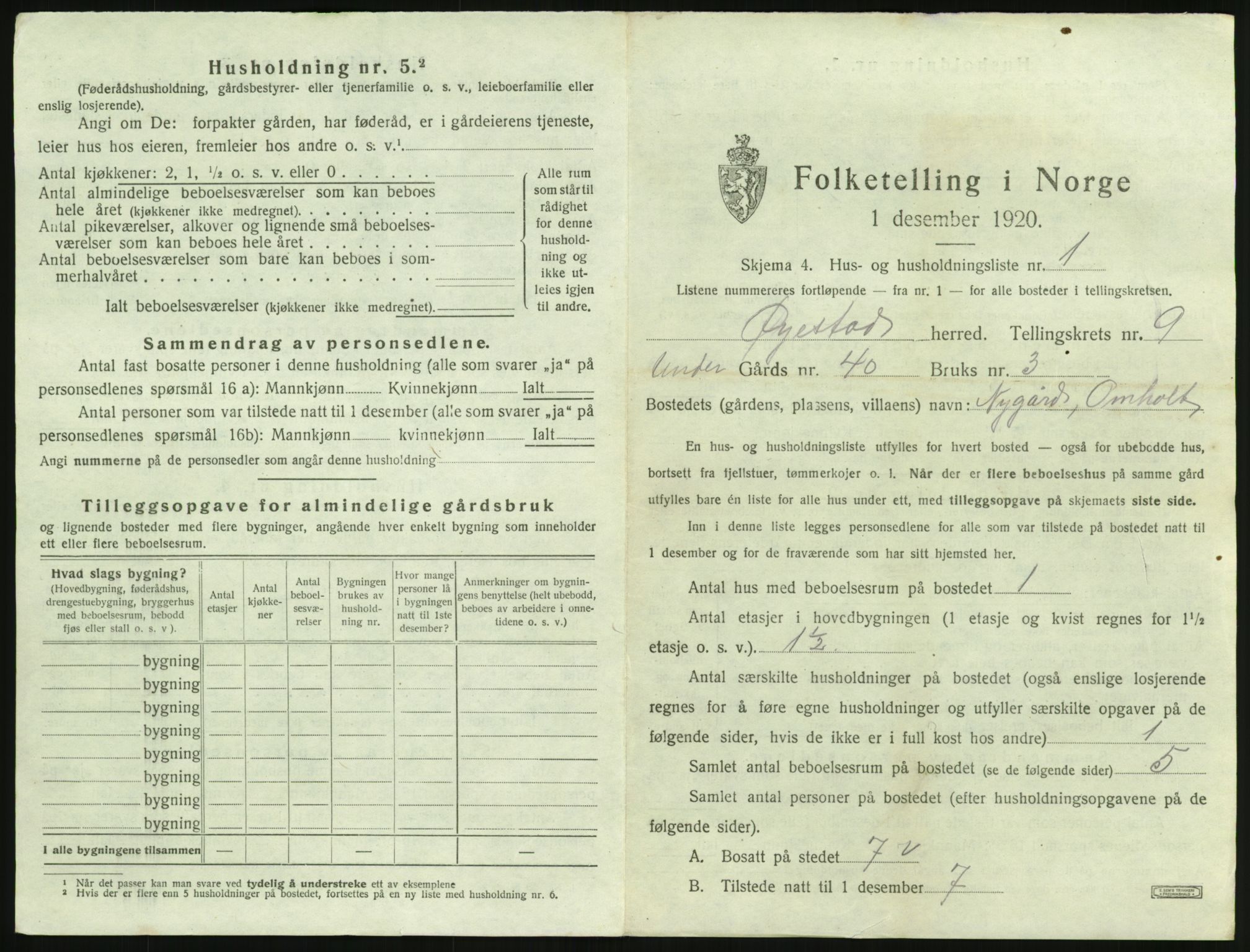 SAK, 1920 census for Øyestad, 1920, p. 884