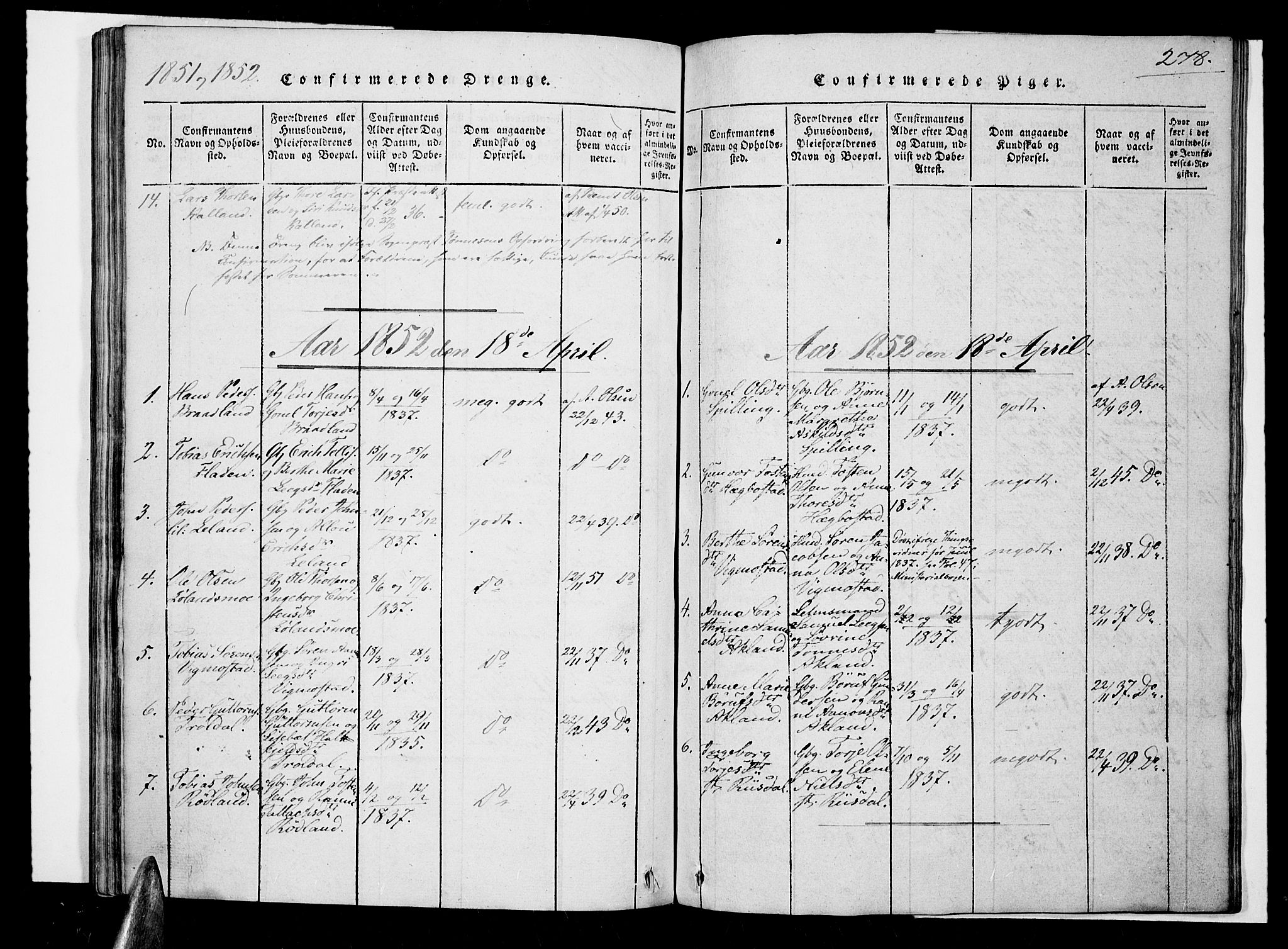 Nord-Audnedal sokneprestkontor, SAK/1111-0032/F/Fa/Fab/L0001: Parish register (official) no. A 1, 1816-1858, p. 278