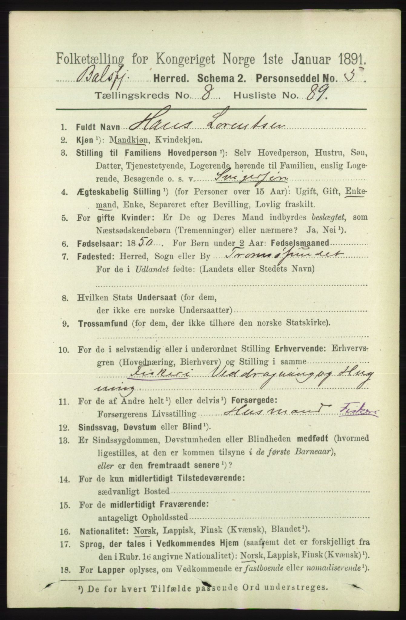 RA, 1891 census for 1933 Balsfjord, 1891, p. 3074