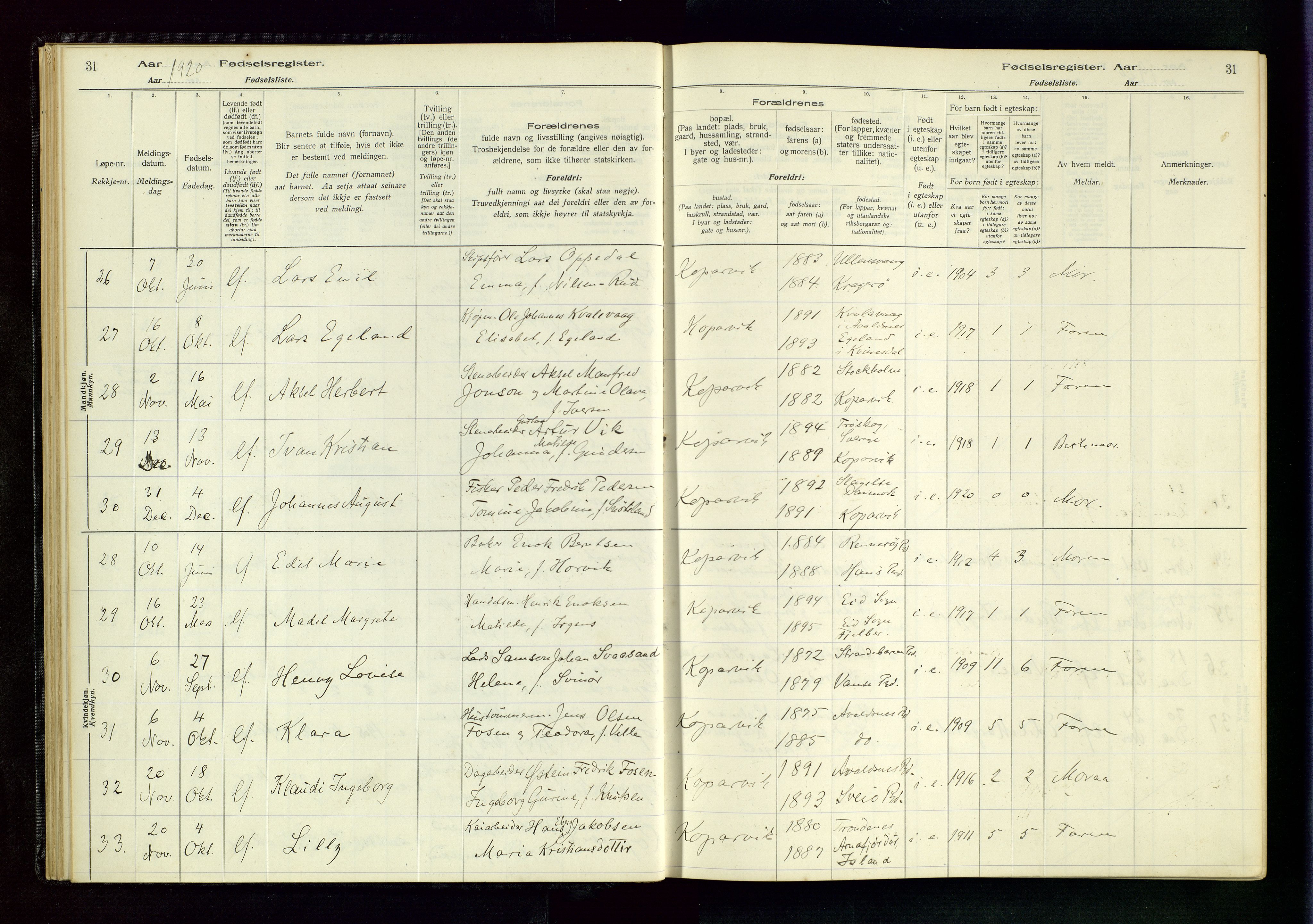 Kopervik sokneprestkontor, AV/SAST-A-101850/I/Id/L0001: Birth register no. 1, 1916-1952, p. 31