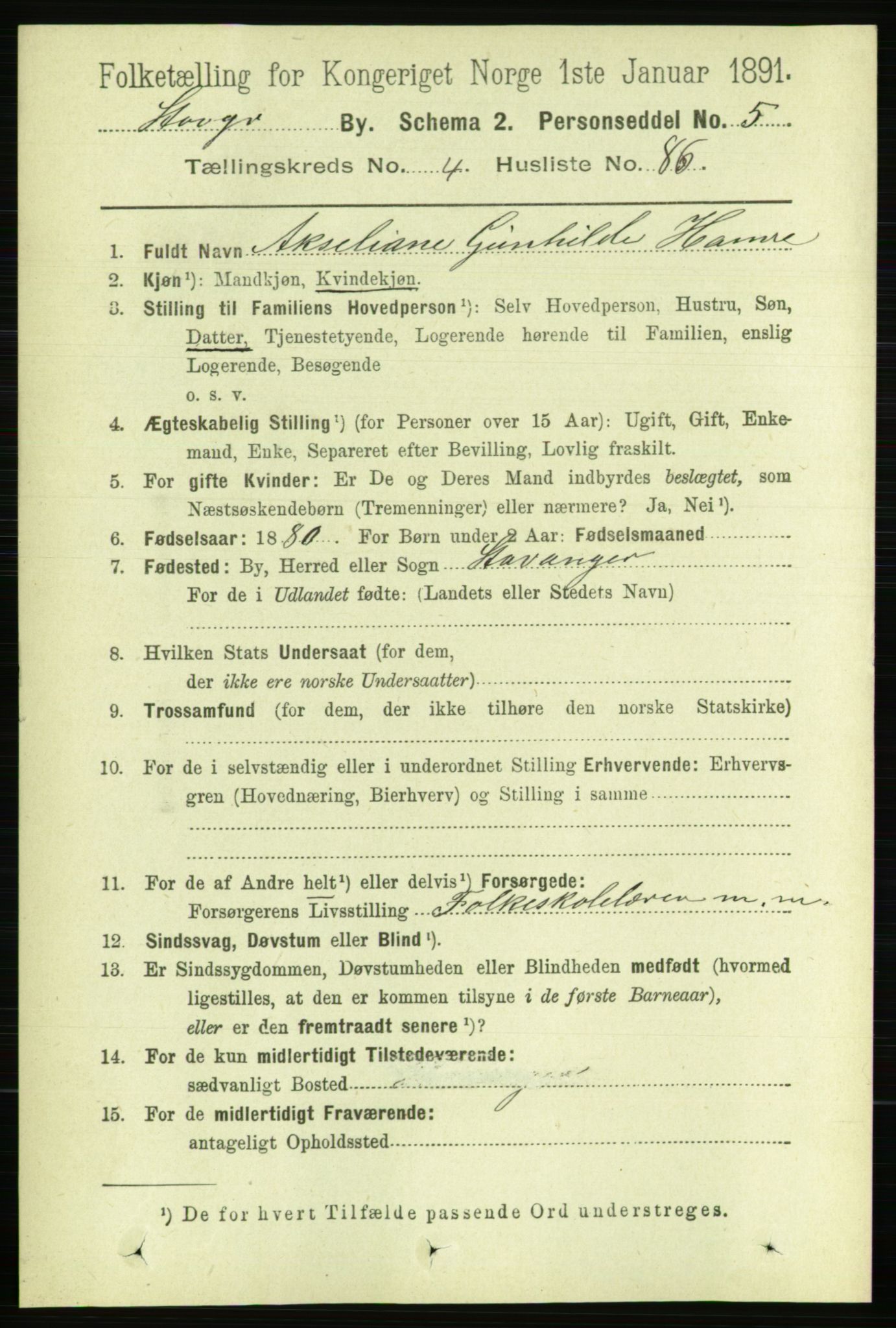 RA, 1891 census for 1103 Stavanger, 1891, p. 8588