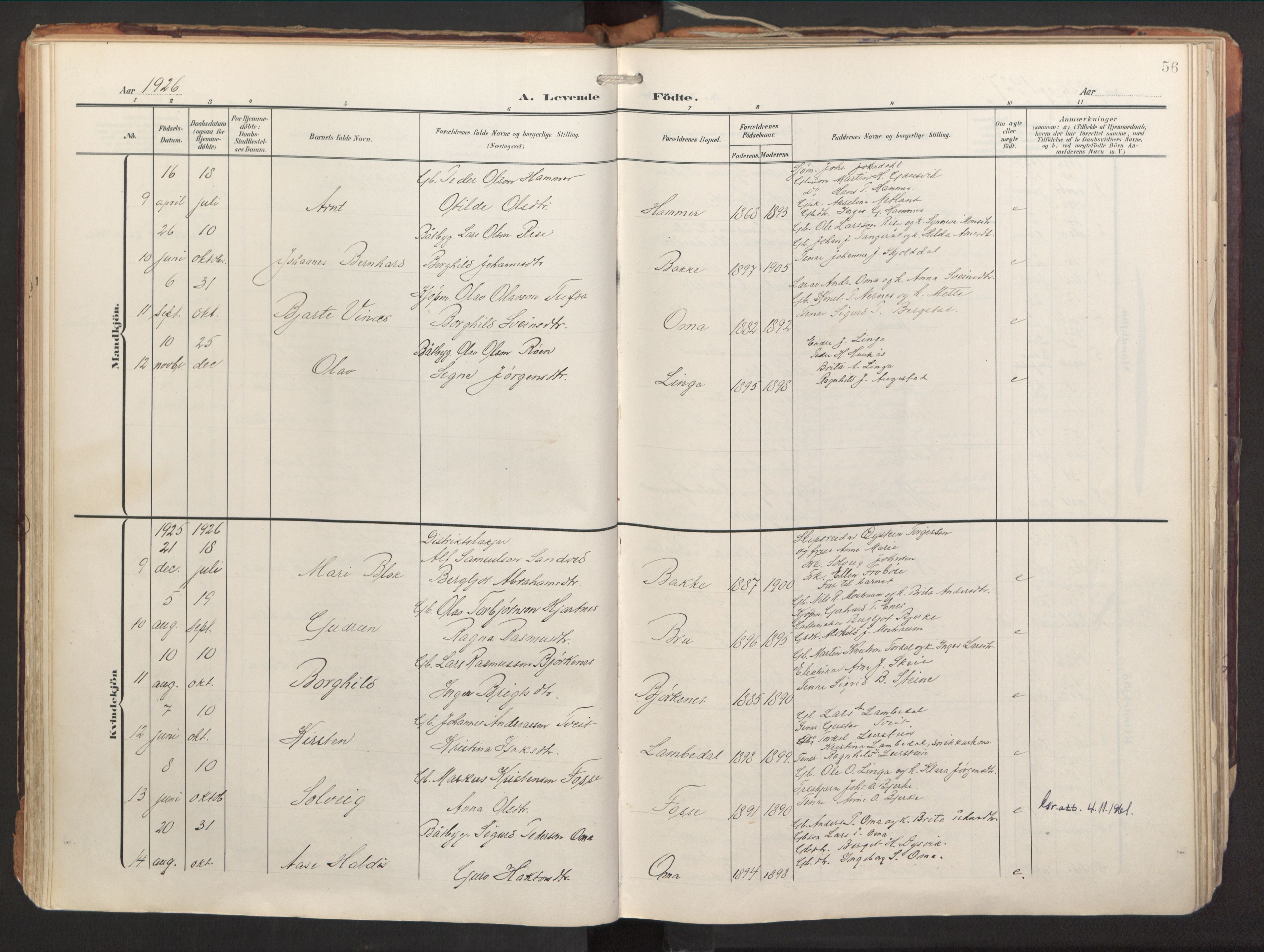 Strandebarm sokneprestembete, AV/SAB-A-78401/H/Haa: Parish register (official) no. B 2, 1909-1941, p. 56