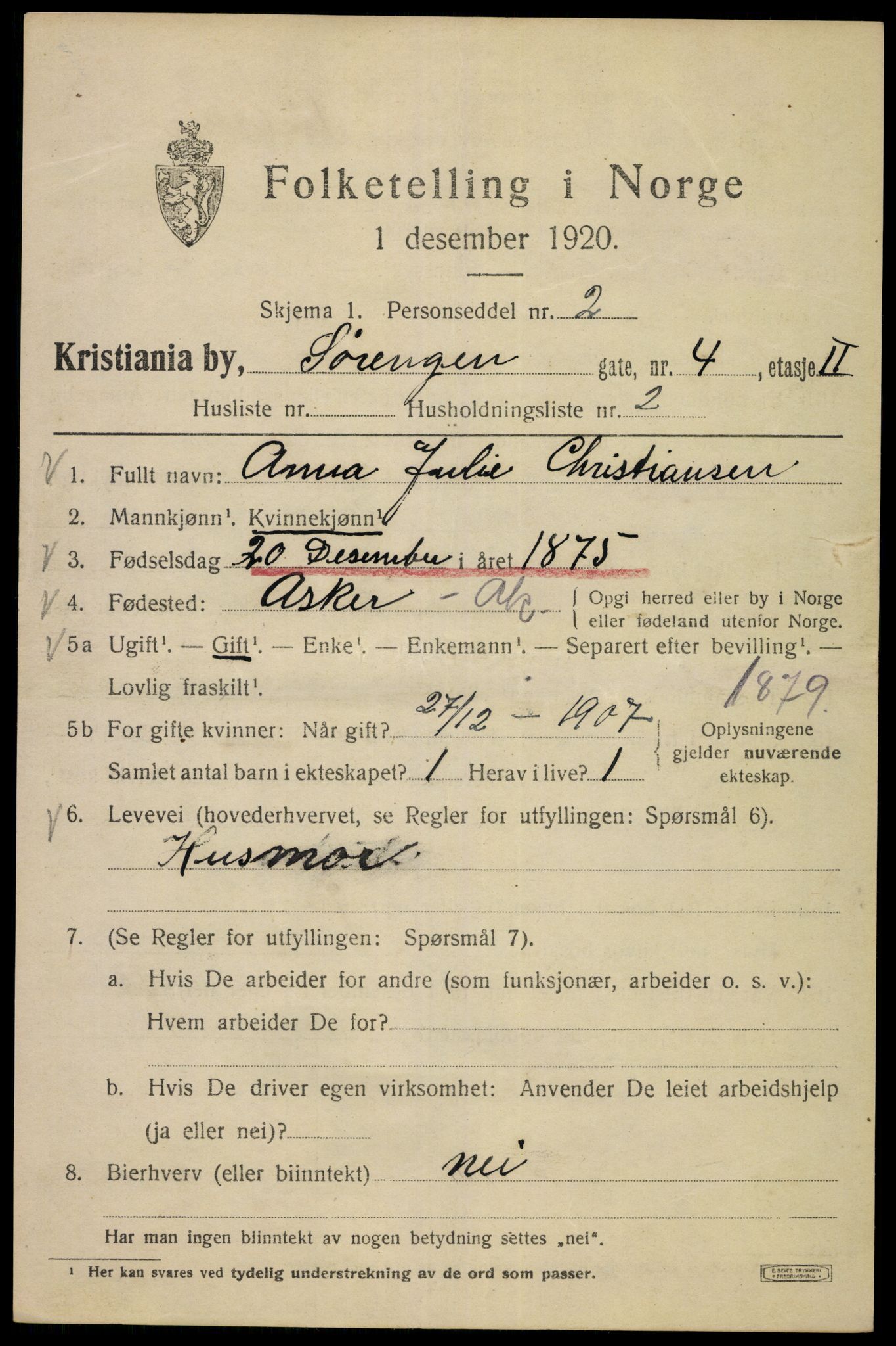 SAO, 1920 census for Kristiania, 1920, p. 562077