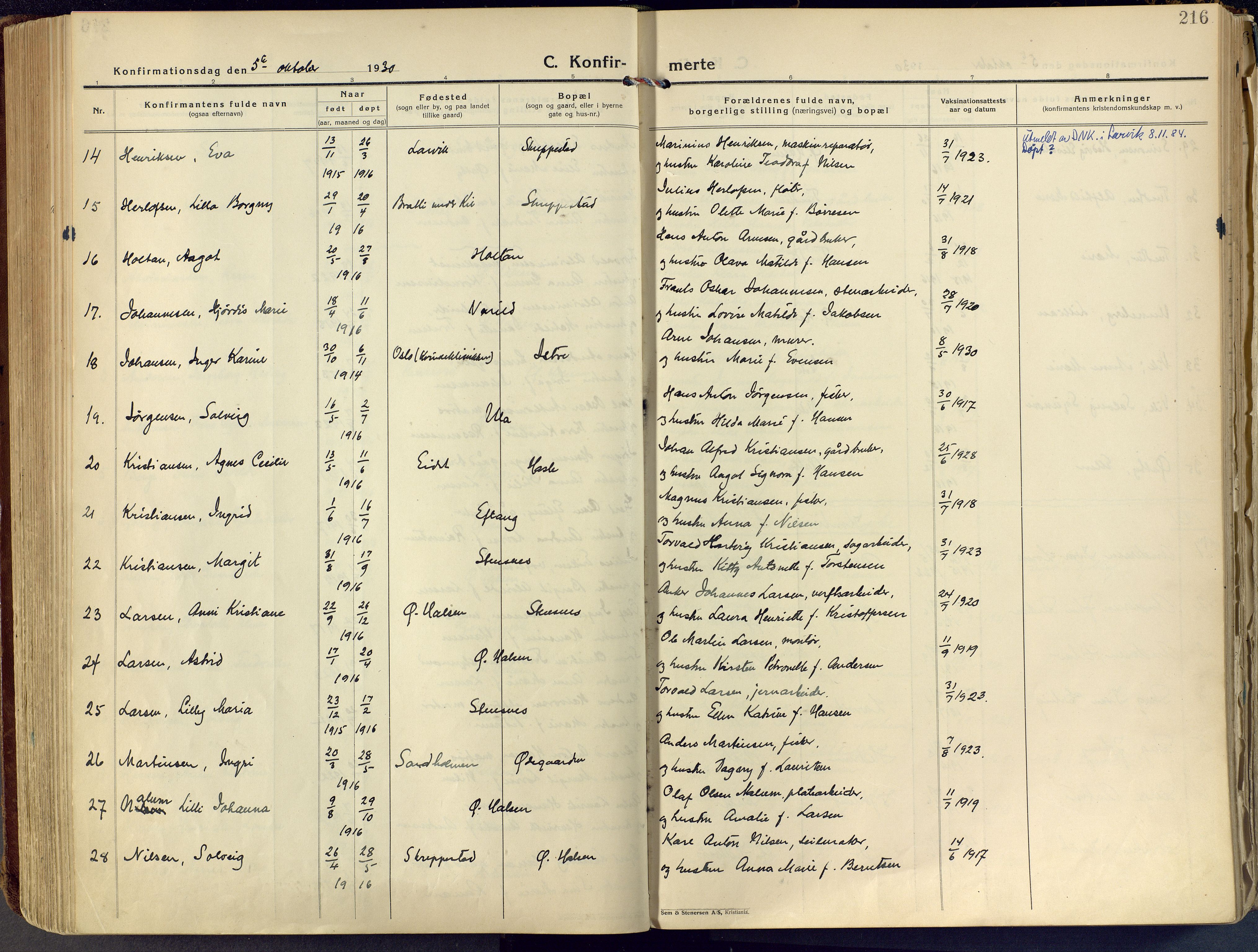 Tjølling kirkebøker, AV/SAKO-A-60/F/Fa/L0011: Parish register (official) no. 11, 1924-1943, p. 216