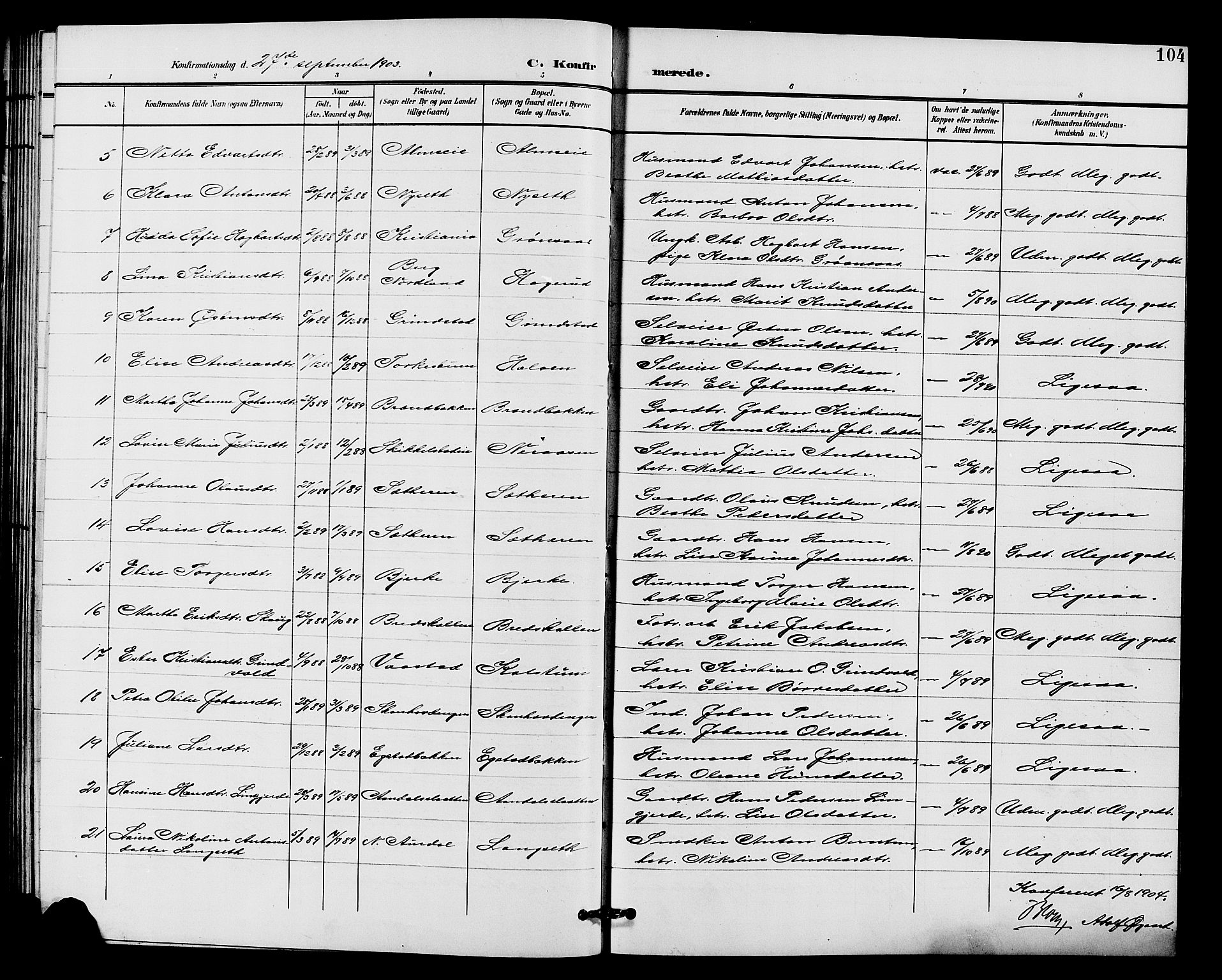 Vardal prestekontor, SAH/PREST-100/H/Ha/Hab/L0011: Parish register (copy) no. 11, 1899-1913, p. 104