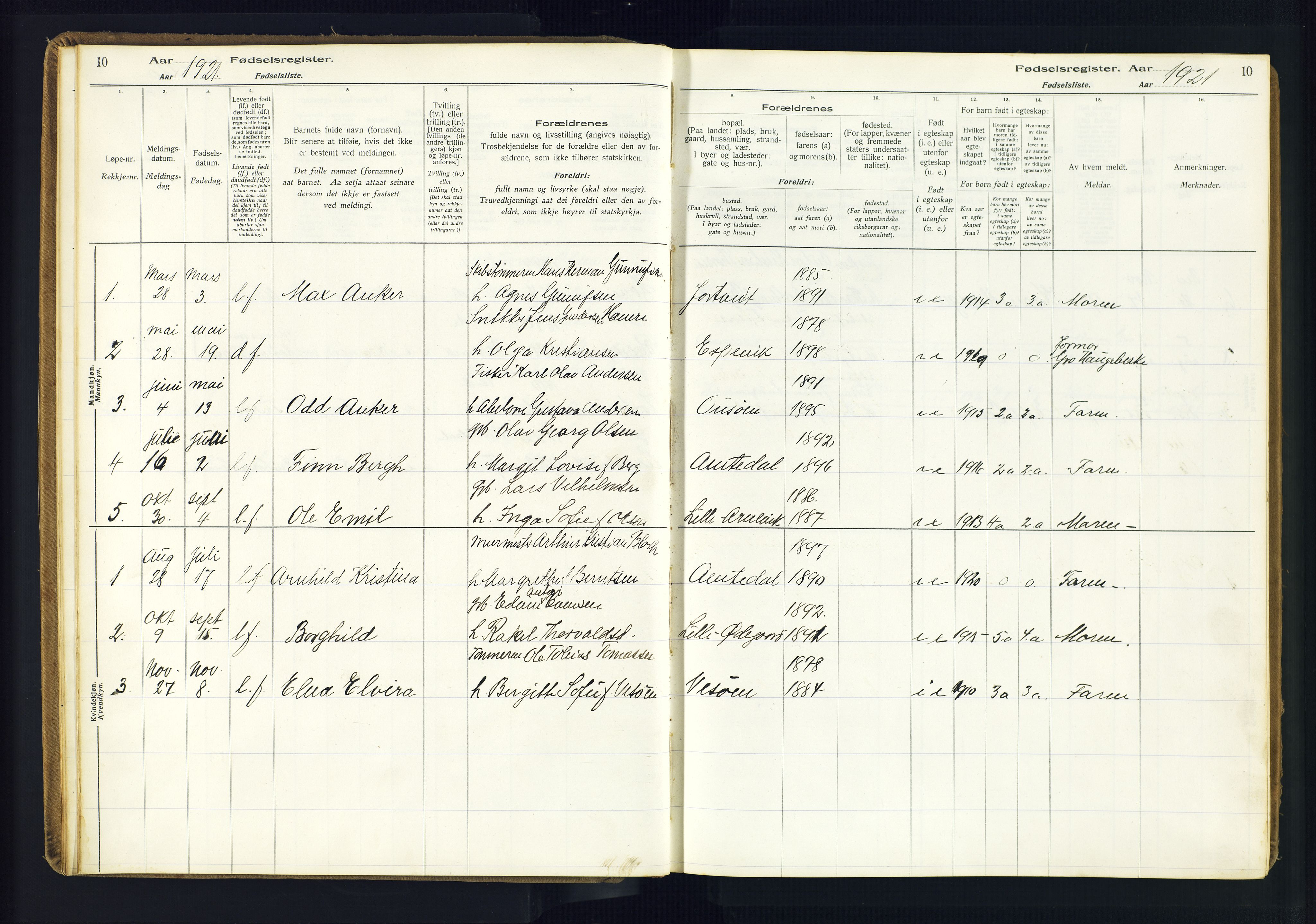 Hommedal sokneprestkontor, AV/SAK-1111-0023/J/Jd/L0003: Birth register no. 3, 1916-1982, p. 10