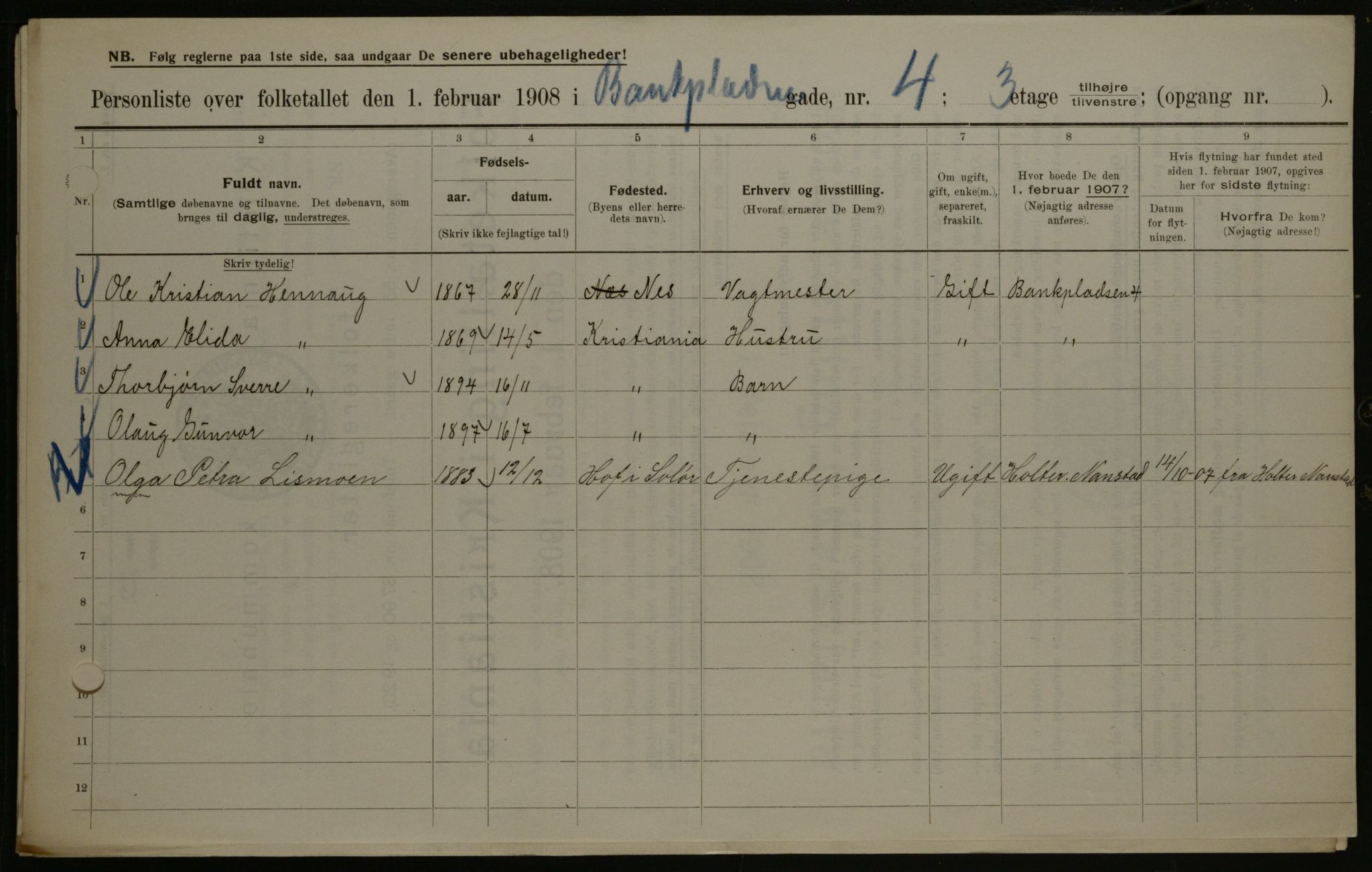 OBA, Municipal Census 1908 for Kristiania, 1908, p. 3343