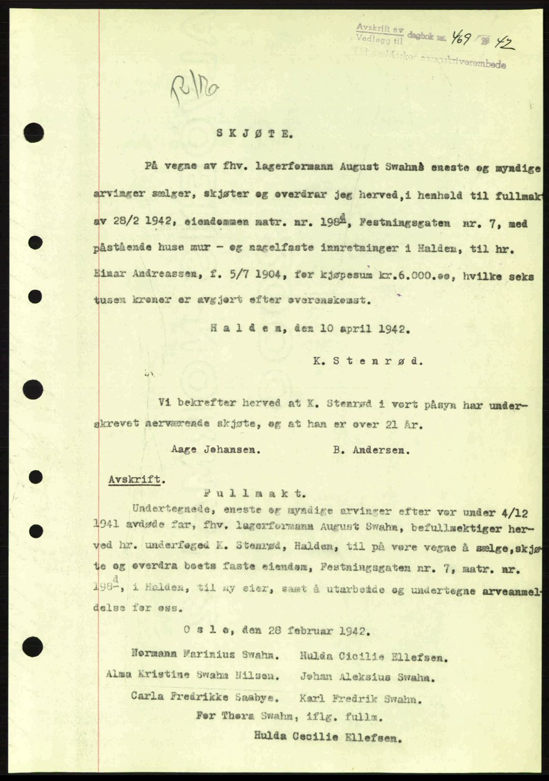 Idd og Marker sorenskriveri, AV/SAO-A-10283/G/Gb/Gbb/L0005: Mortgage book no. A5, 1941-1943, Diary no: : 469/1942