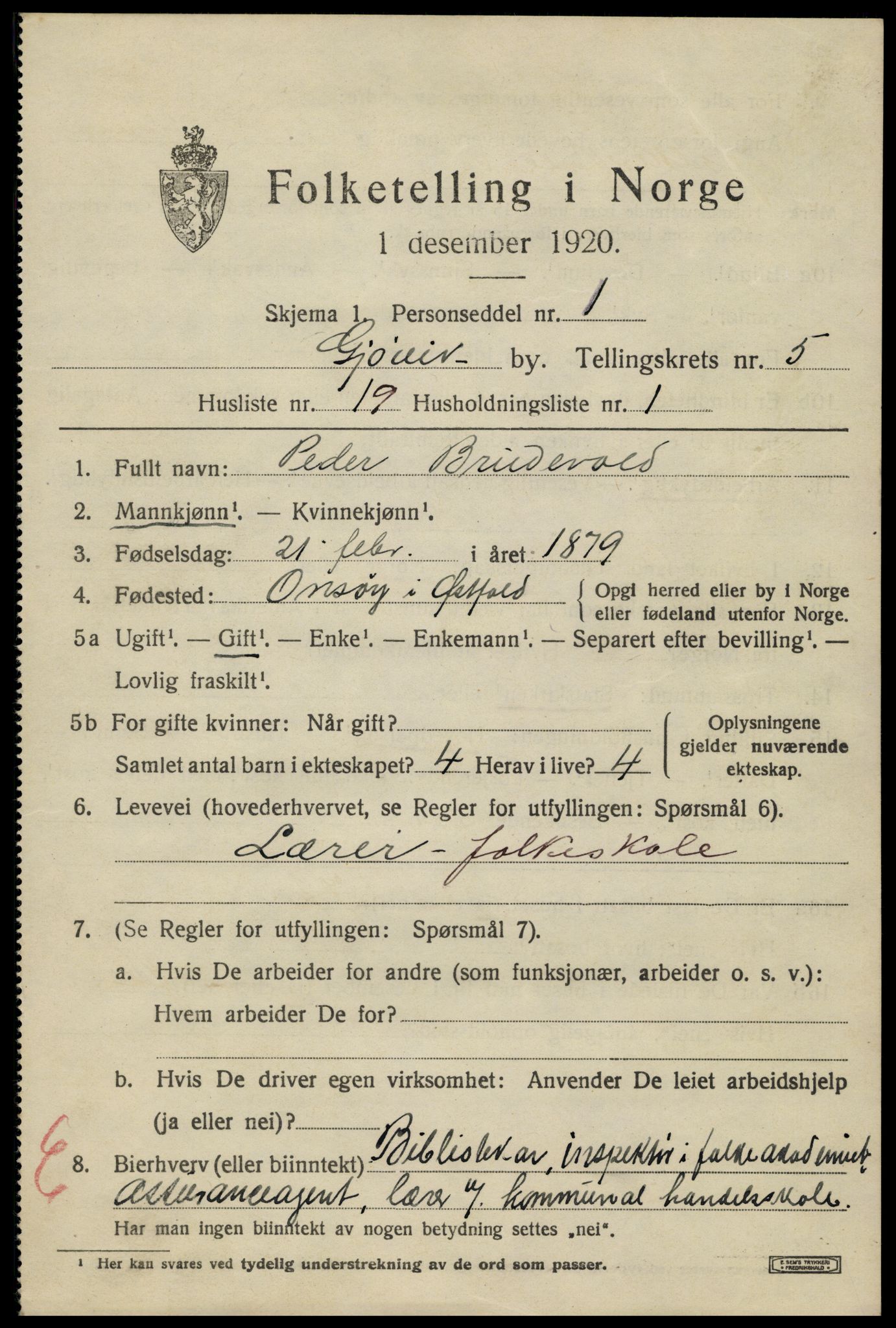 SAH, 1920 census for Gjøvik, 1920, p. 10442