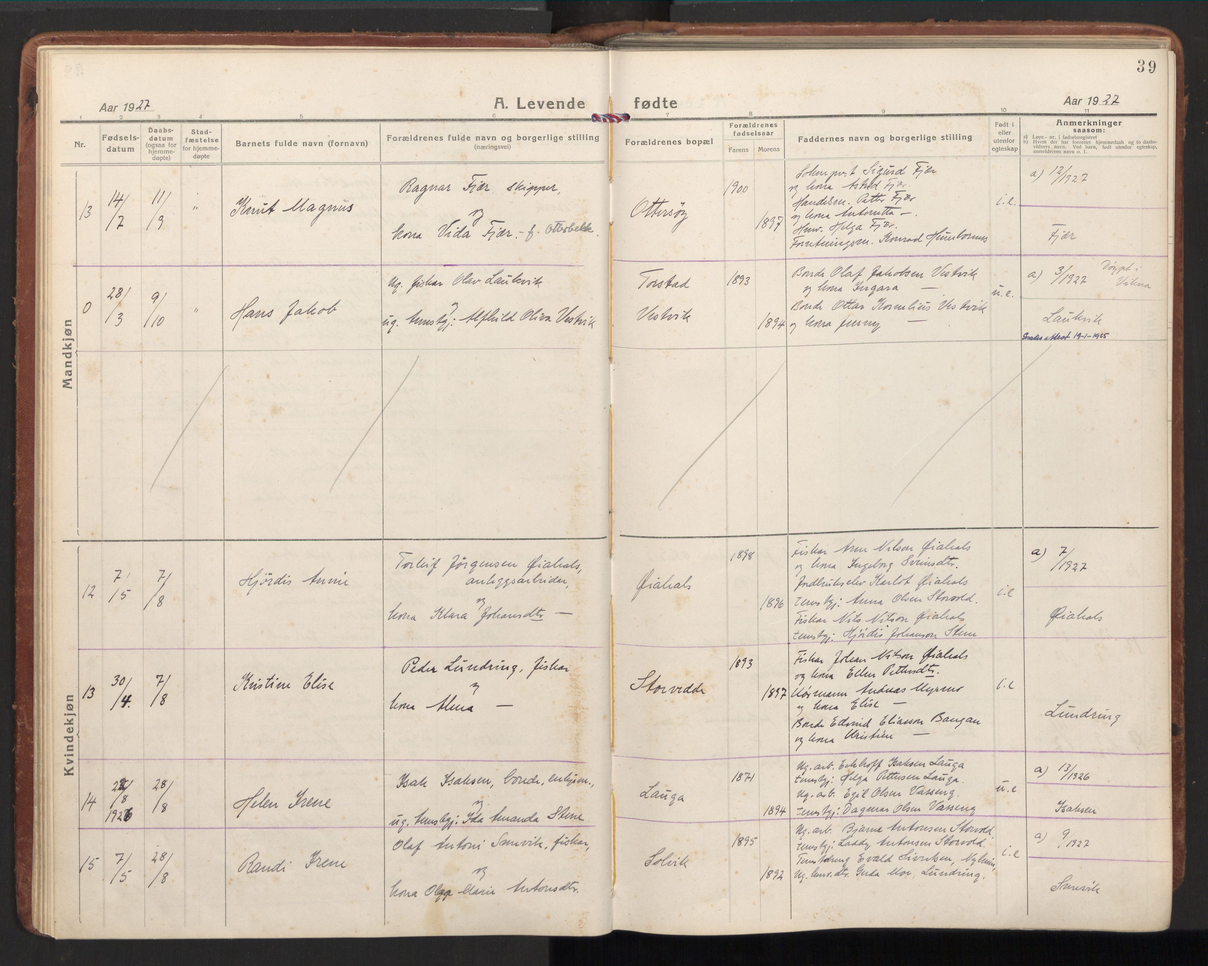 Ministerialprotokoller, klokkerbøker og fødselsregistre - Nord-Trøndelag, AV/SAT-A-1458/784/L0678: Parish register (official) no. 784A13, 1921-1938, p. 39