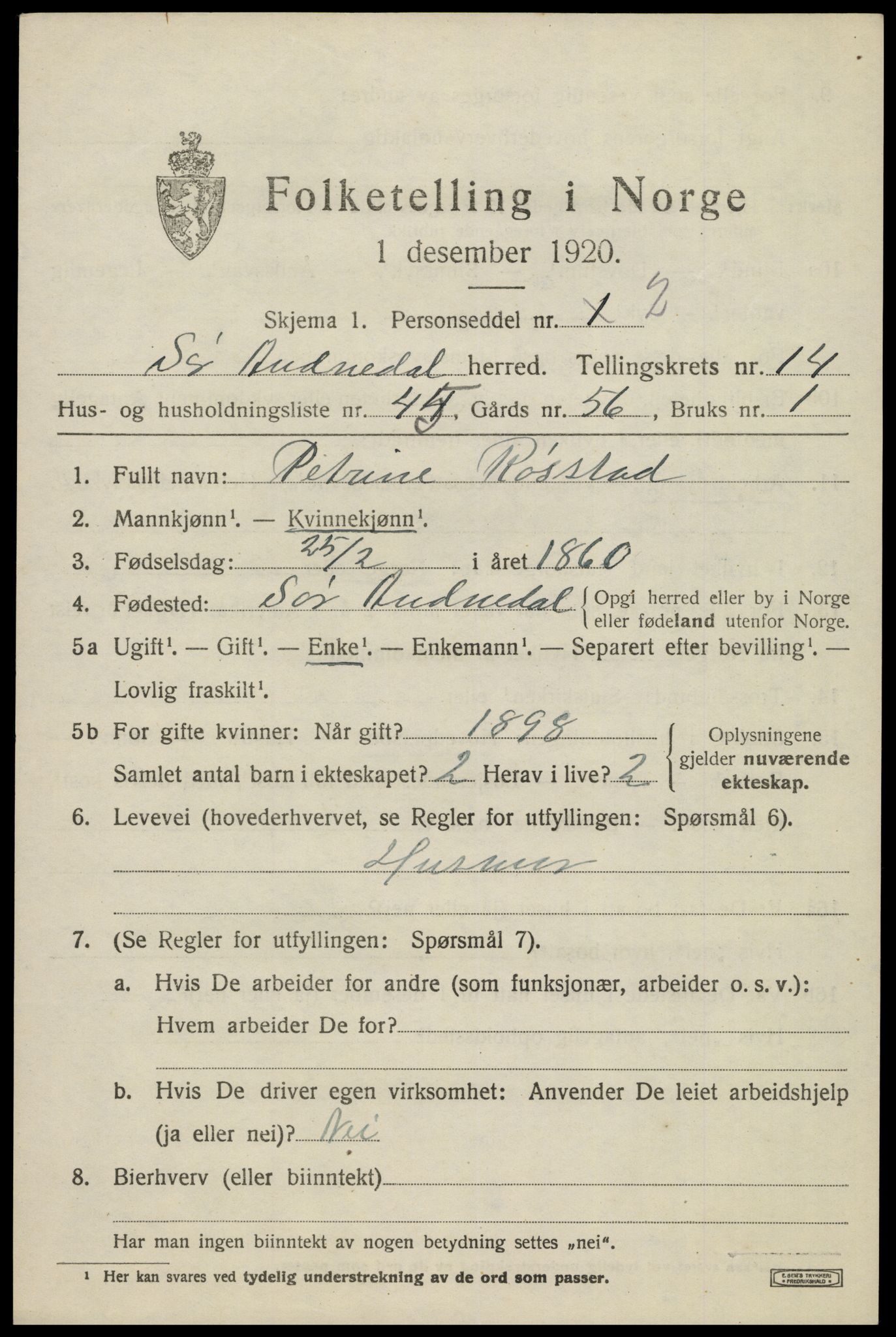 SAK, 1920 census for Sør-Audnedal, 1920, p. 5597