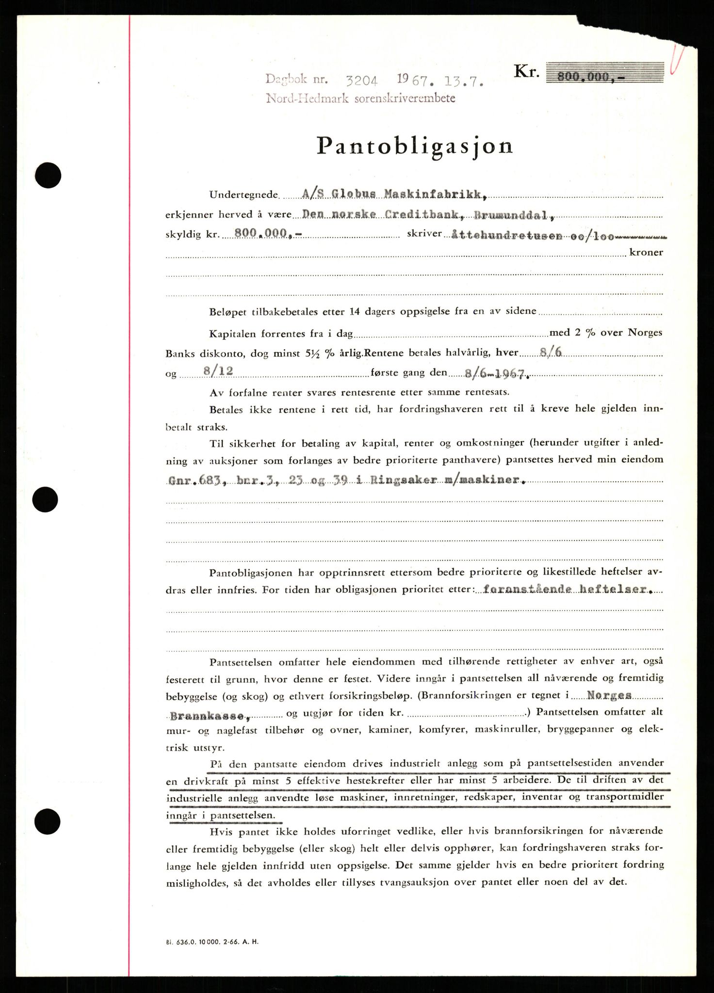 Nord-Hedmark sorenskriveri, SAH/TING-012/H/Hb/Hbf/L0071: Mortgage book no. B71, 1967-1967, Diary no: : 3204/1967