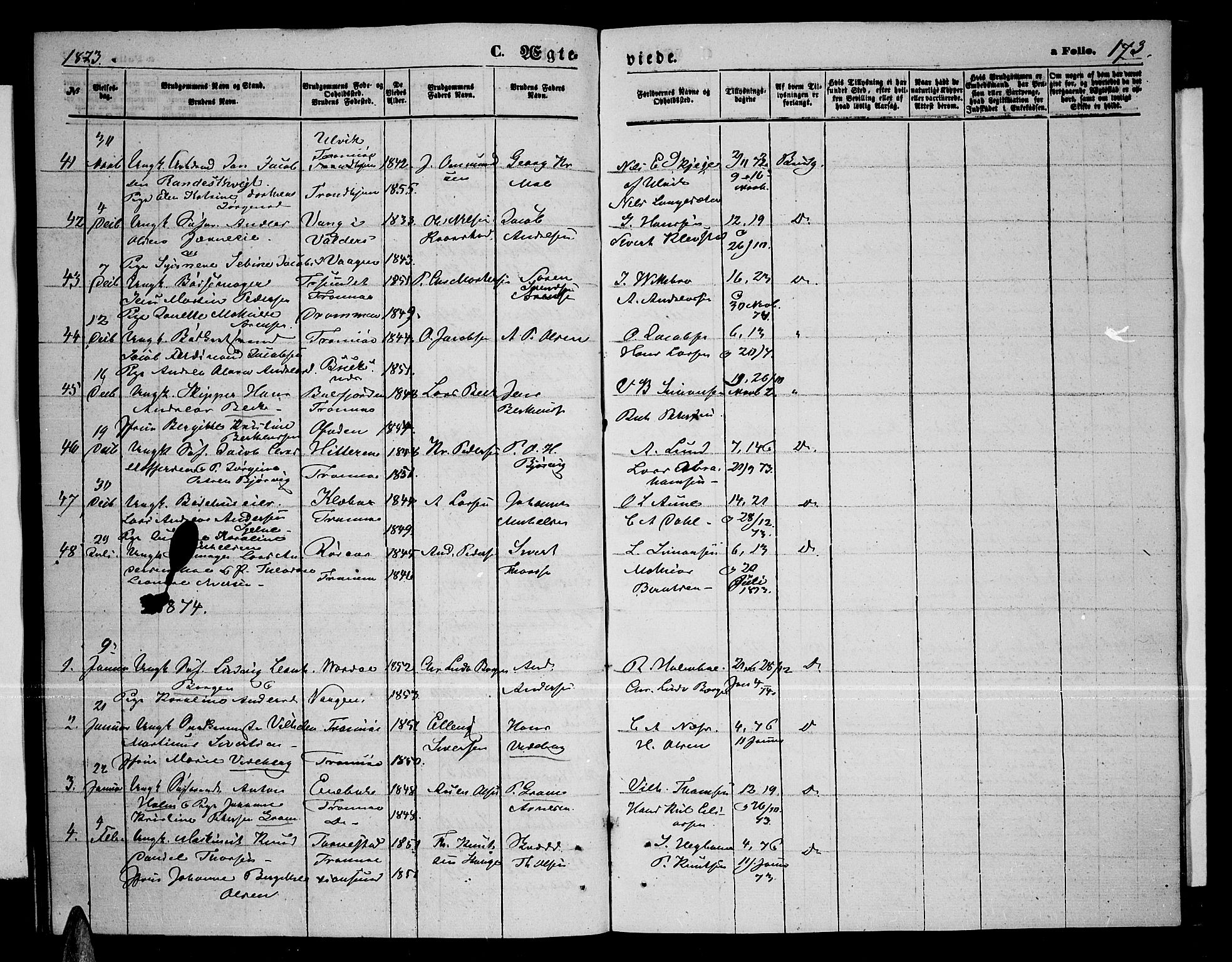Tromsø sokneprestkontor/stiftsprosti/domprosti, AV/SATØ-S-1343/G/Gb/L0007klokker: Parish register (copy) no. 7, 1867-1875, p. 173