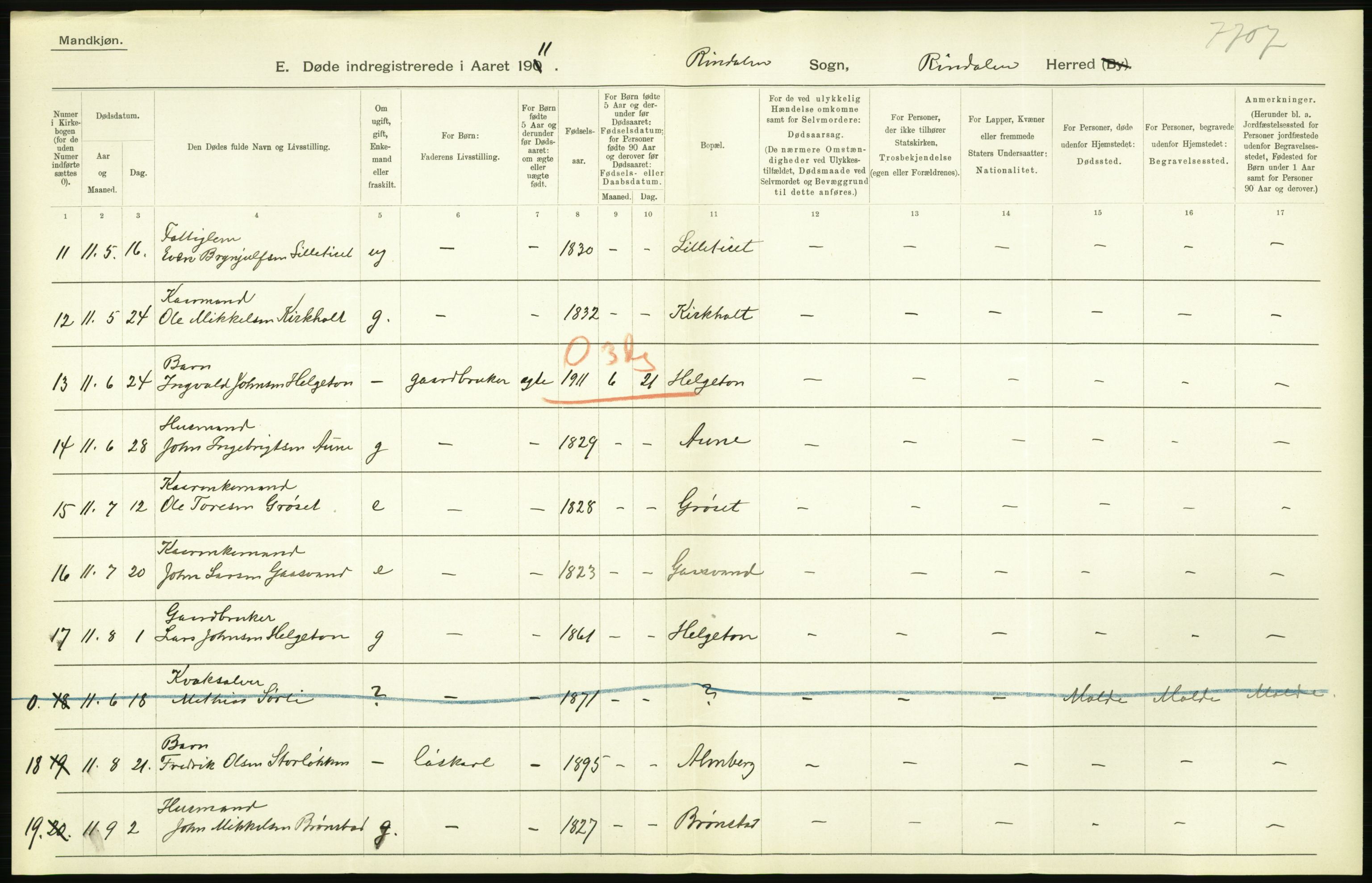 Statistisk sentralbyrå, Sosiodemografiske emner, Befolkning, AV/RA-S-2228/D/Df/Dfb/Dfba/L0038: Romsdals amt:  Døde. Bygder og byer., 1911, p. 60