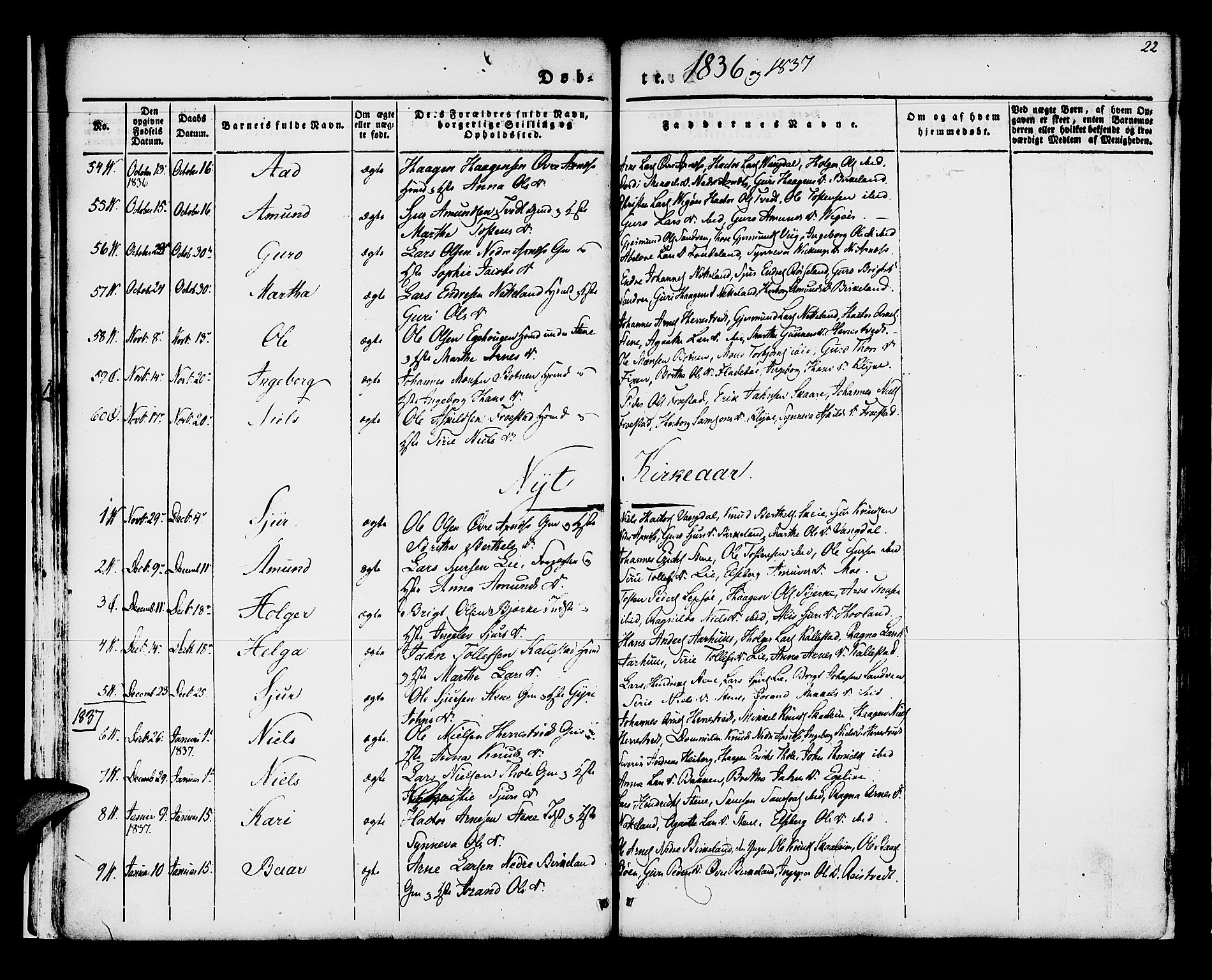 Kvam sokneprestembete, SAB/A-76201/H/Haa: Parish register (official) no. A 7, 1832-1843, p. 22