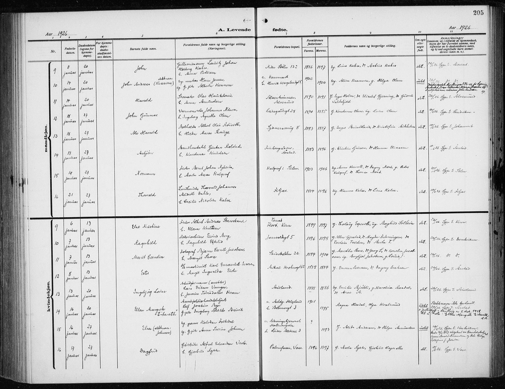 Fødselsstiftelsens sokneprestembete*, SAB/-: Parish register (official) no. A 5, 1918-1926, p. 205