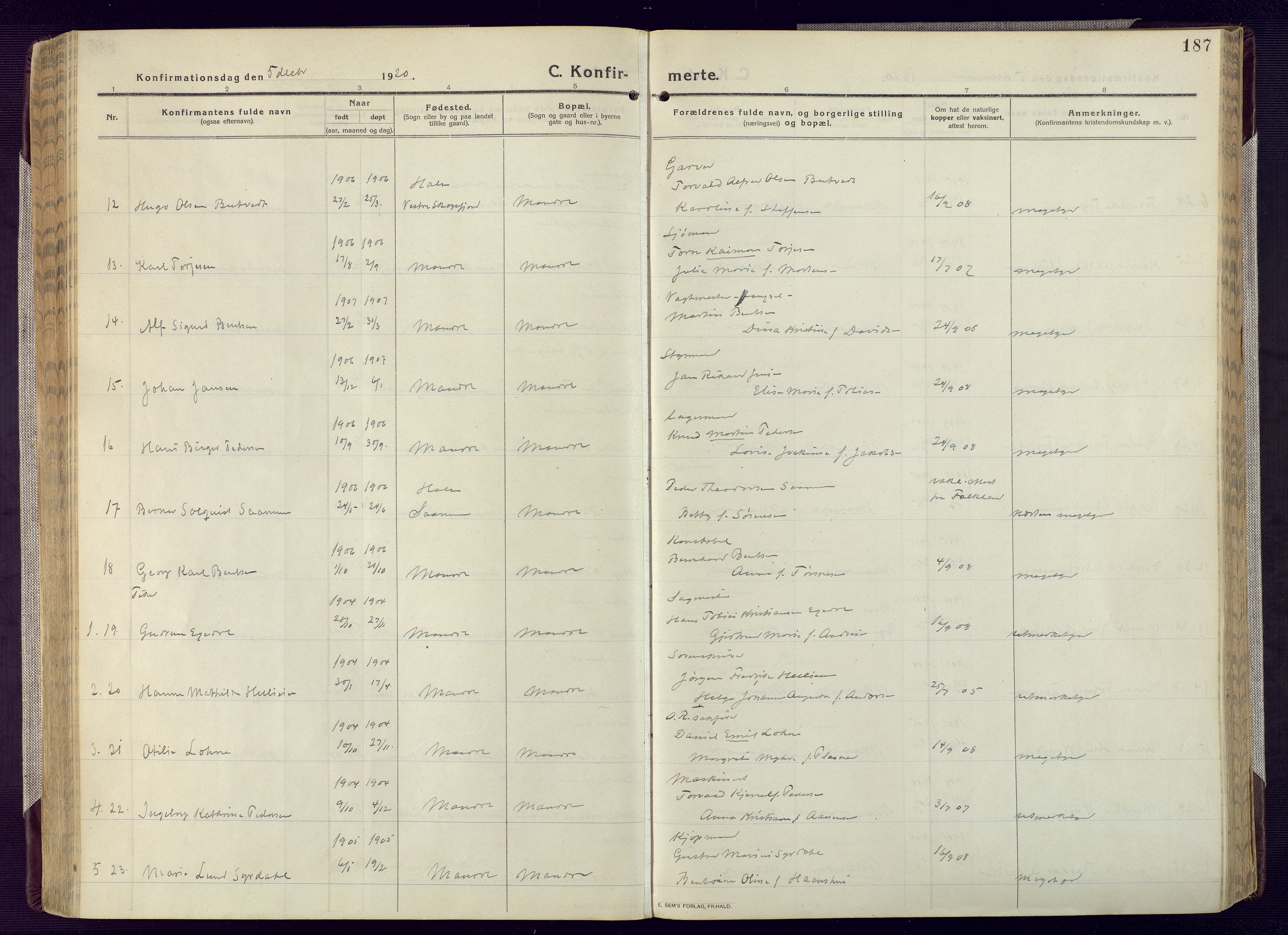 Mandal sokneprestkontor, AV/SAK-1111-0030/F/Fa/Fac/L0001: Parish register (official) no. A 1, 1913-1925, p. 187